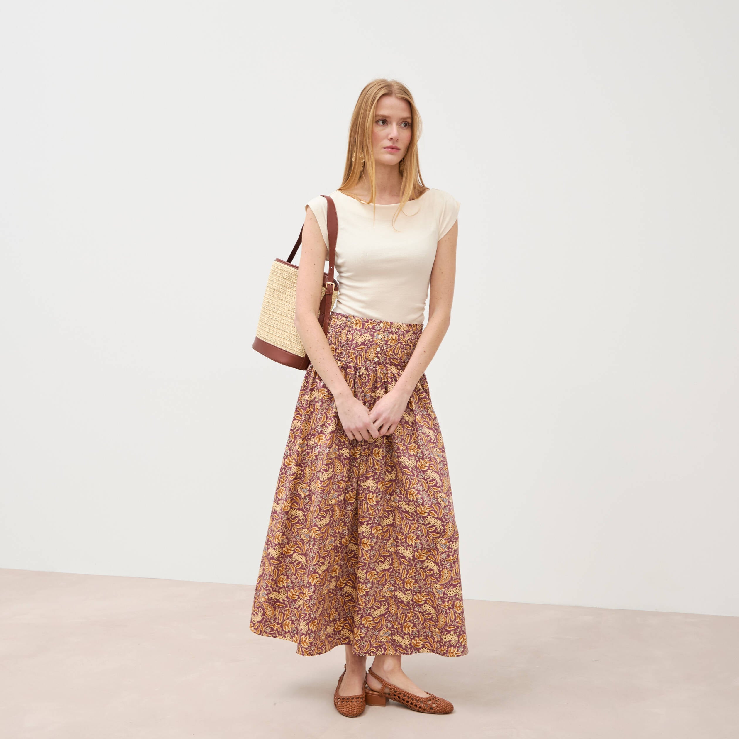 Jupe longue &eacute;vas&eacute;e en coton beige moyen femme