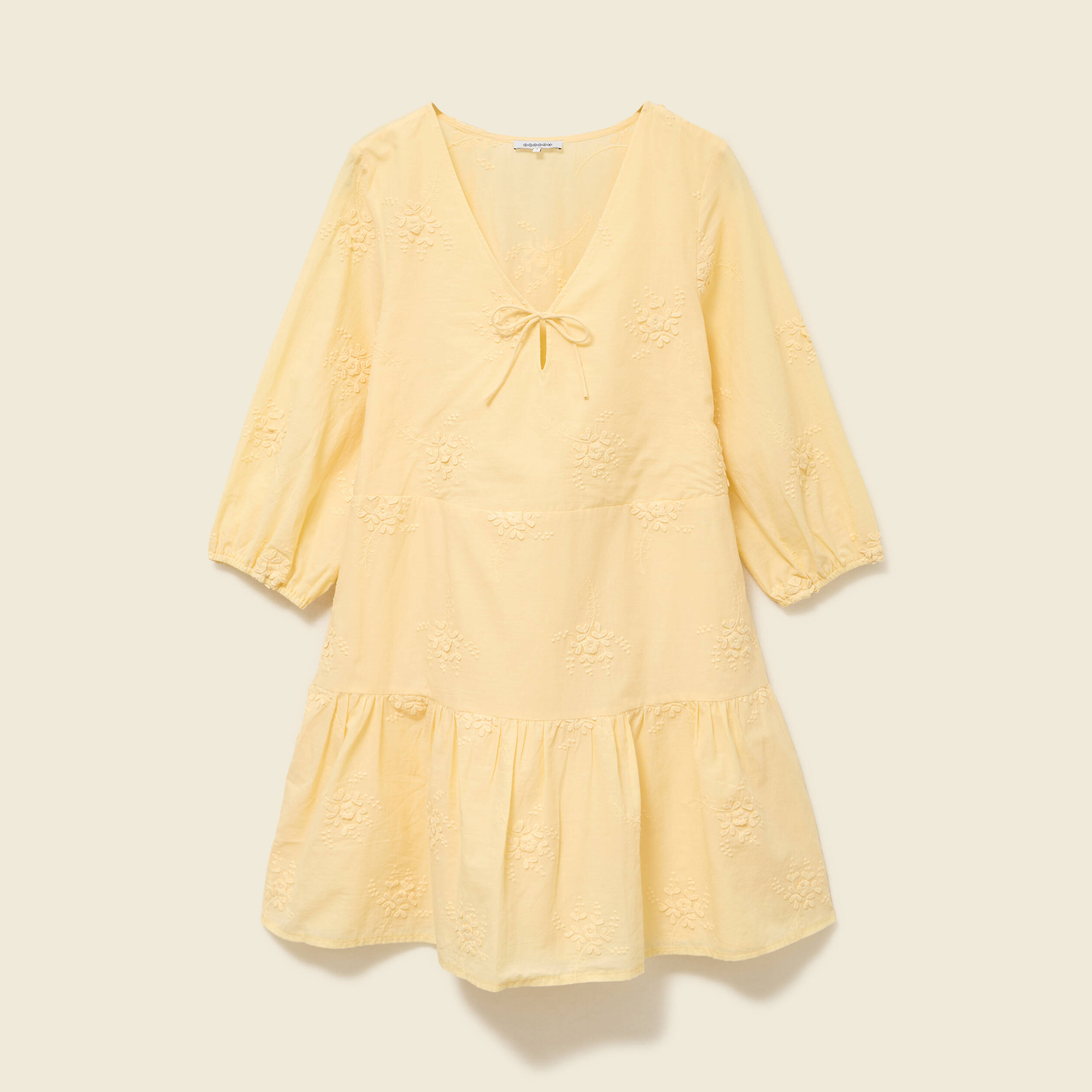Robe col v manches 3/4 en coton jaune clair femme