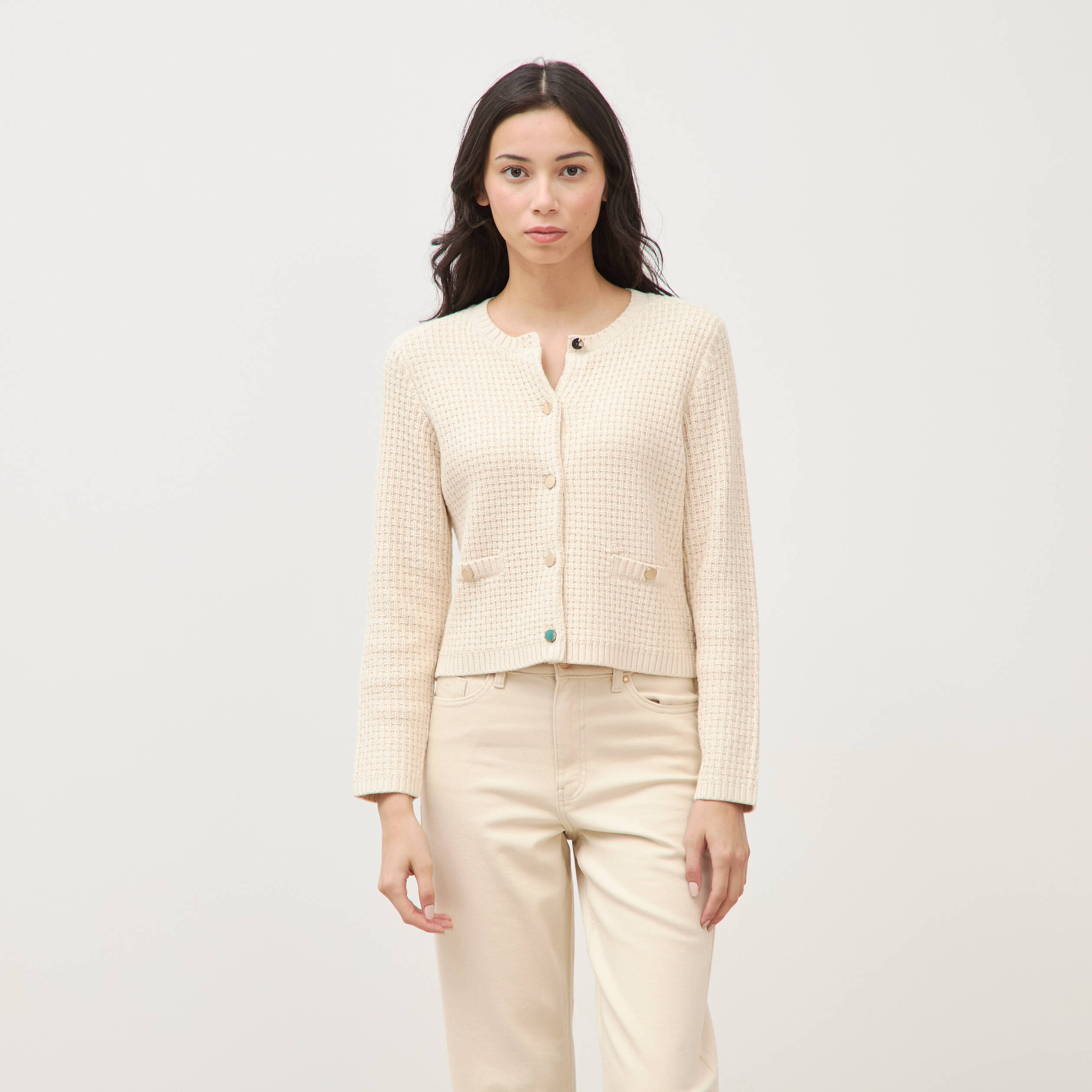 Gilet droit court manches longues ivoire femme