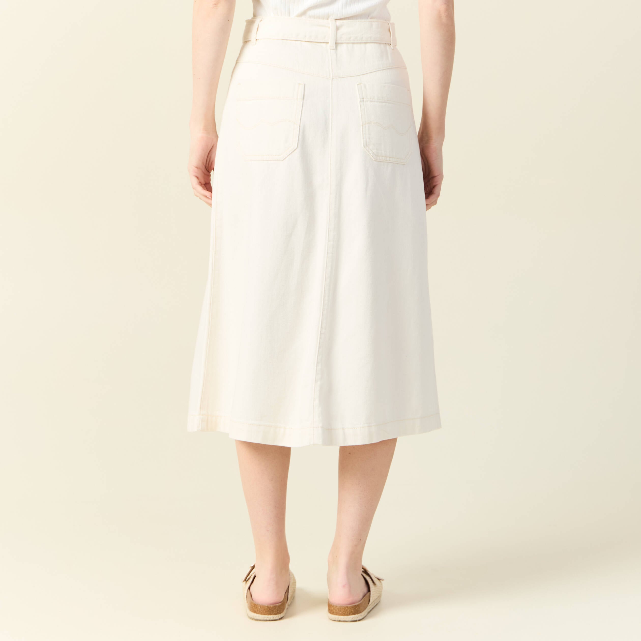 Jupe midi trap&egrave;ze denim blanc femme