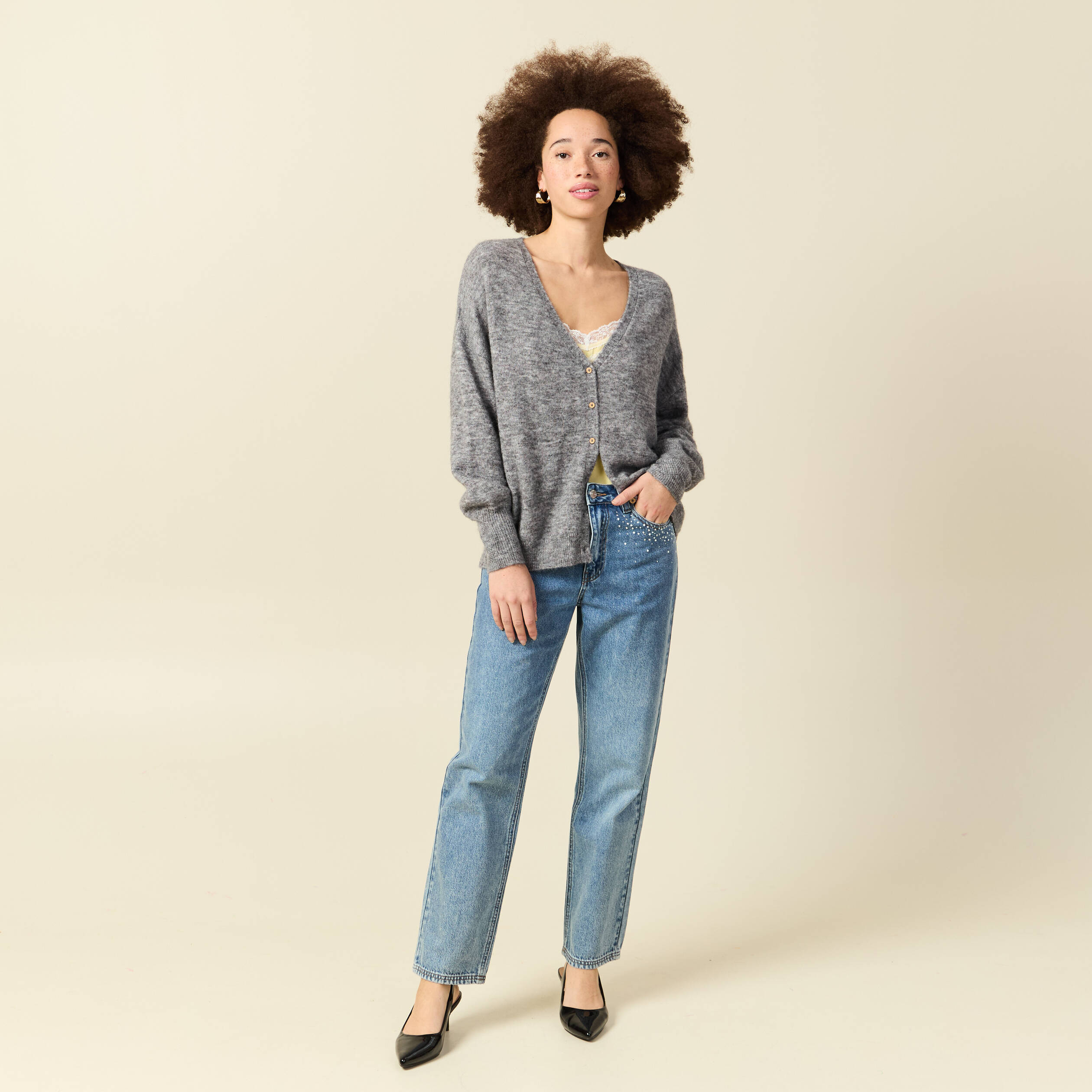 D&eacute;bardeur bretelles col v fluide jaune pastel femme