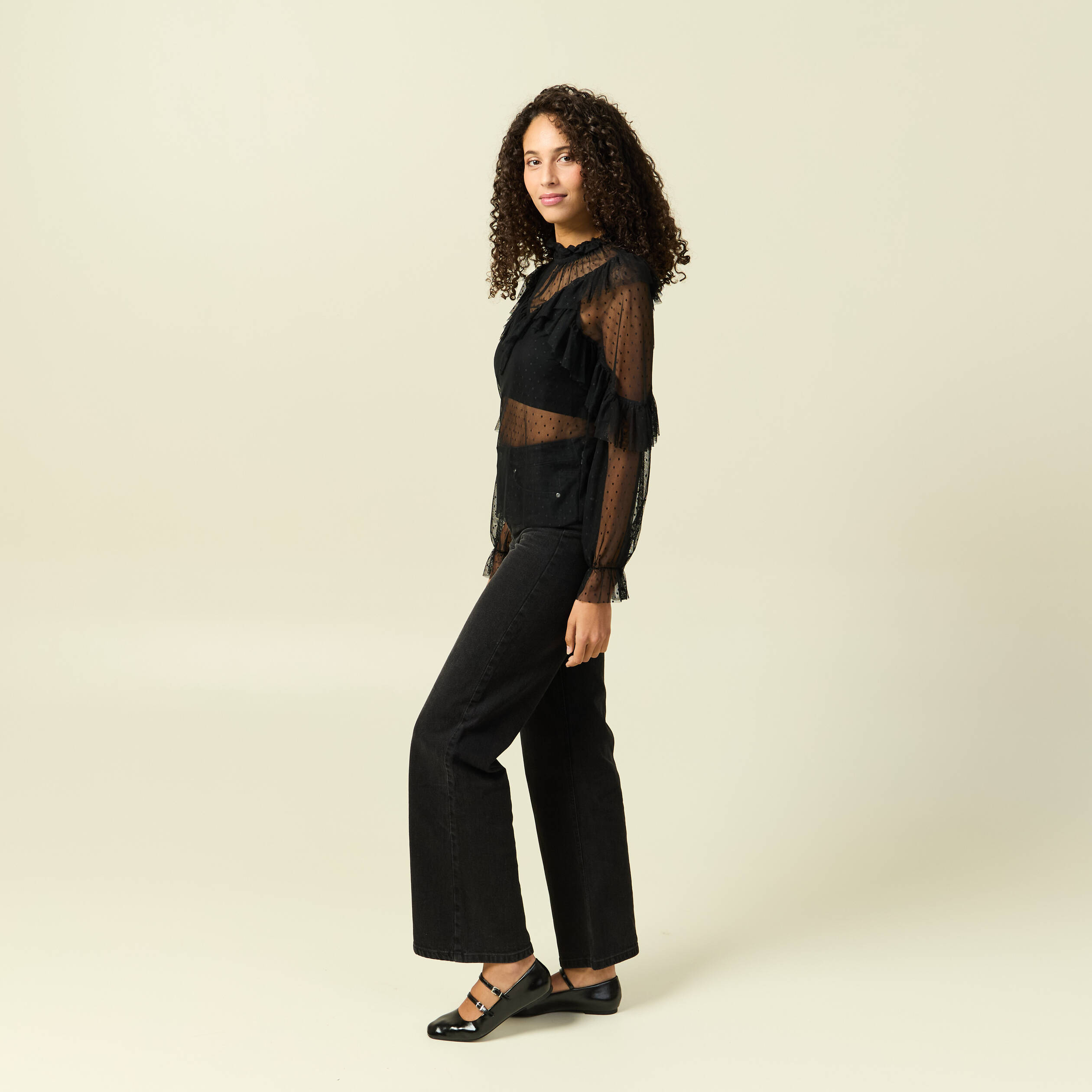 Blouse transparente manches longues noir femme