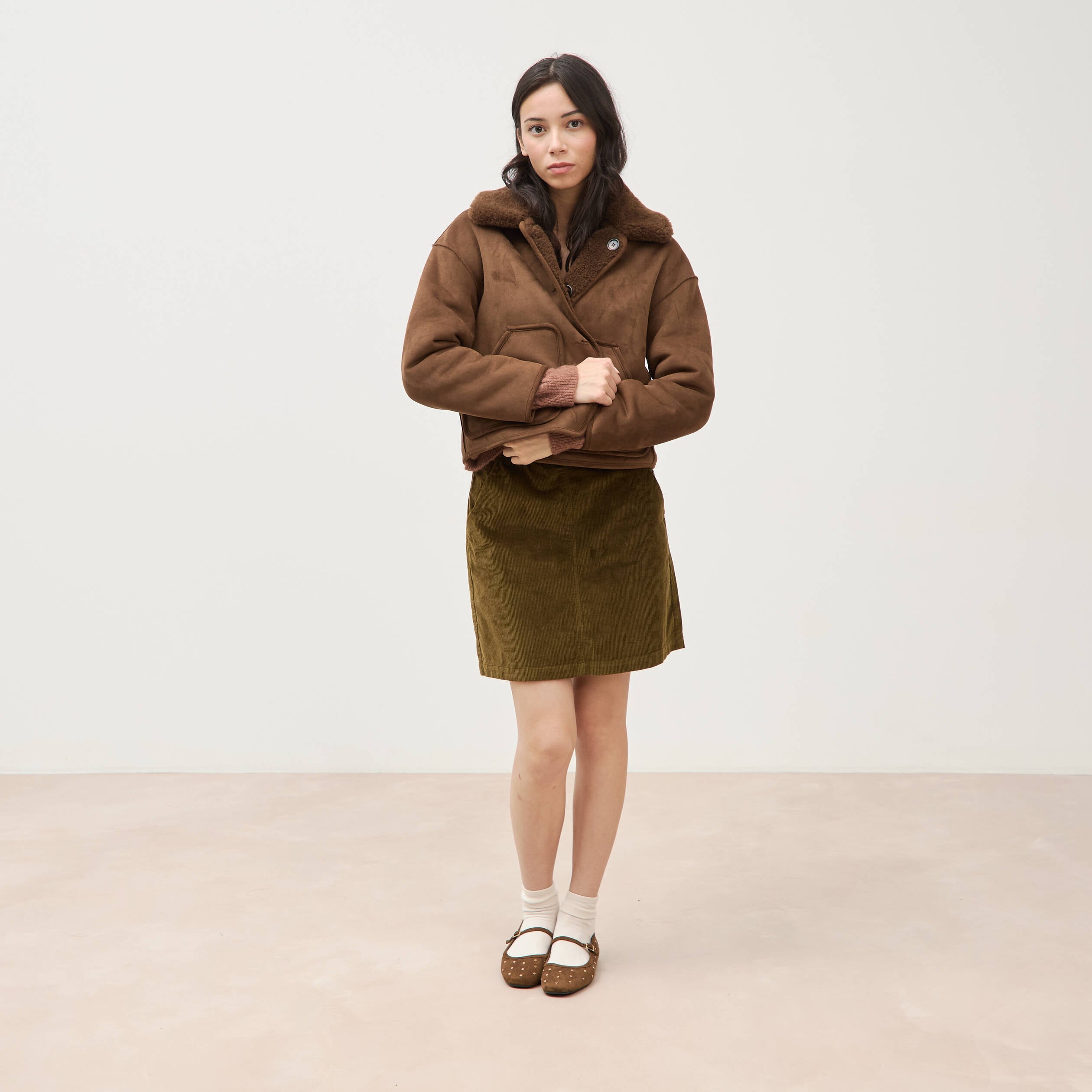 Manteau r&eacute;versible oversize court marron femme