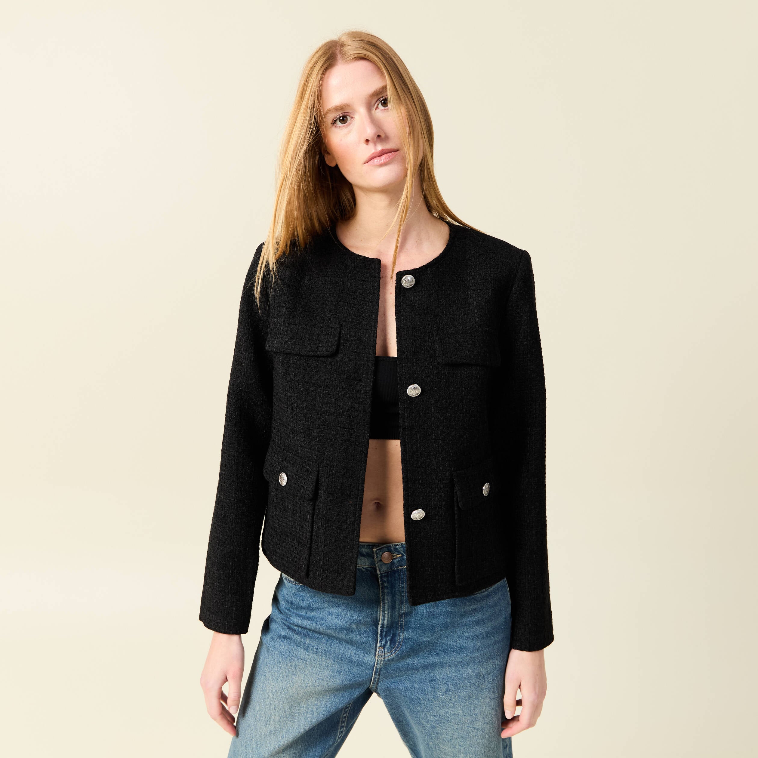 Veste manches longues en tweed noir femme