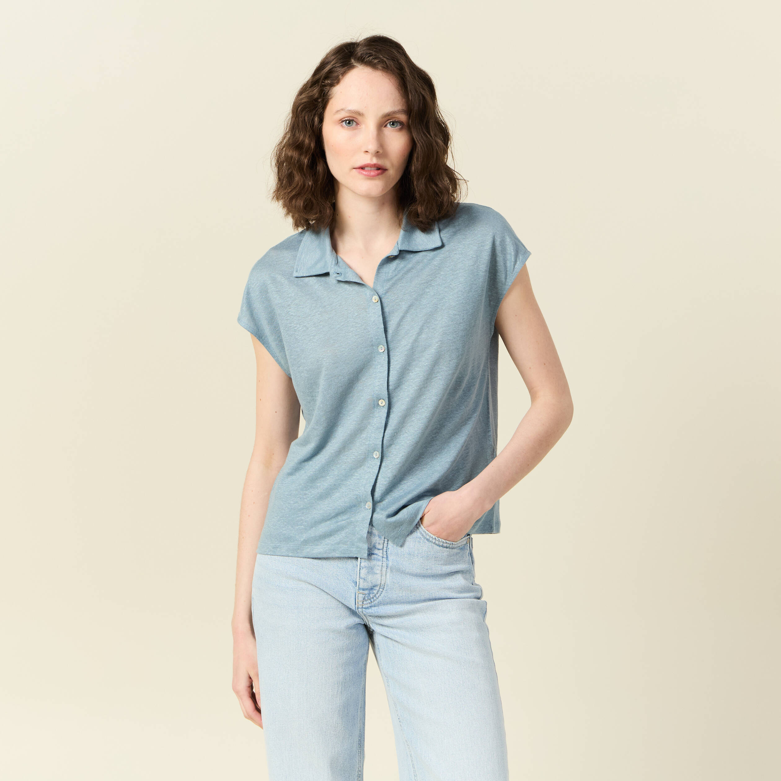 Polo en lin manches courtes bleu gris femme