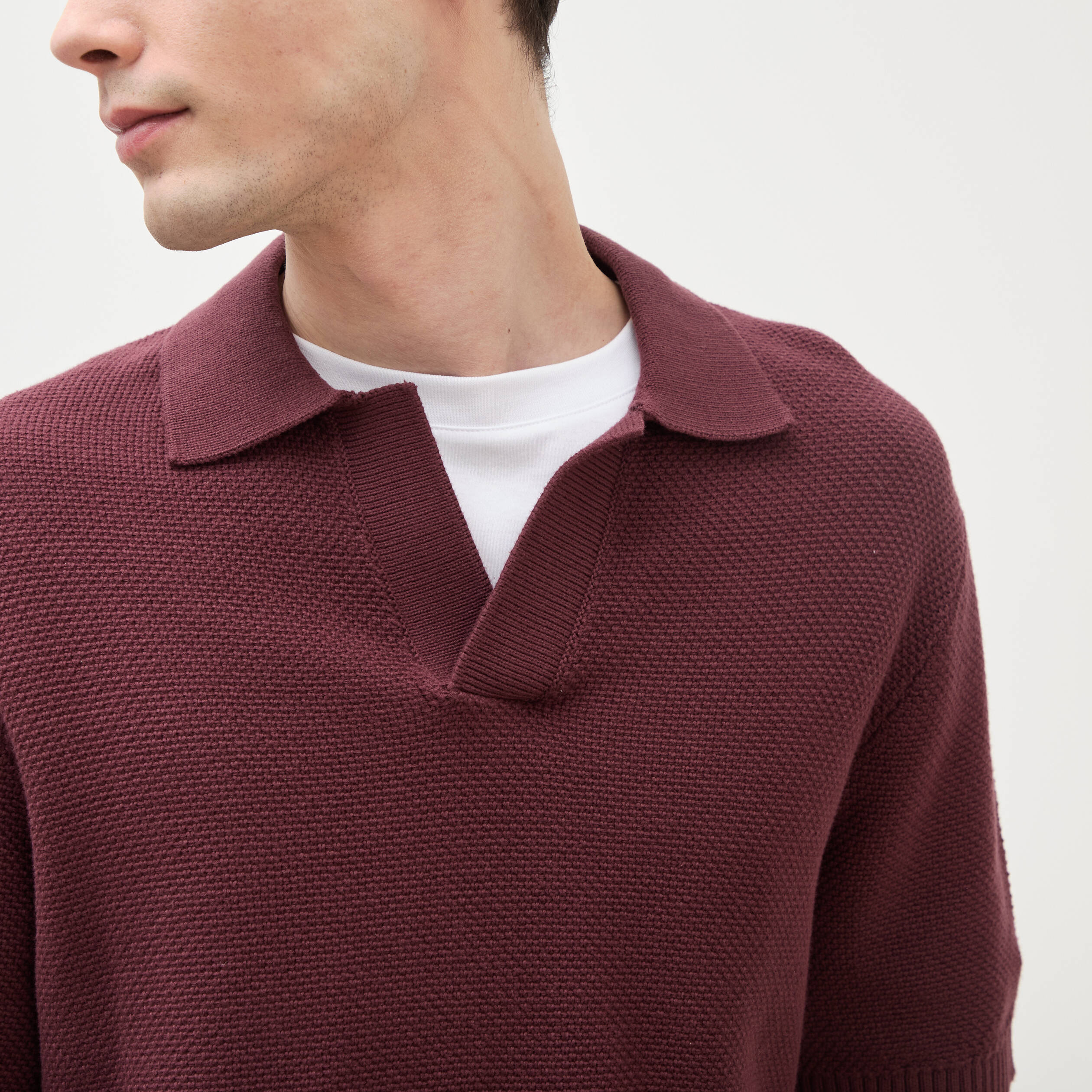 Polo ample col cubain manches courtes prune homme