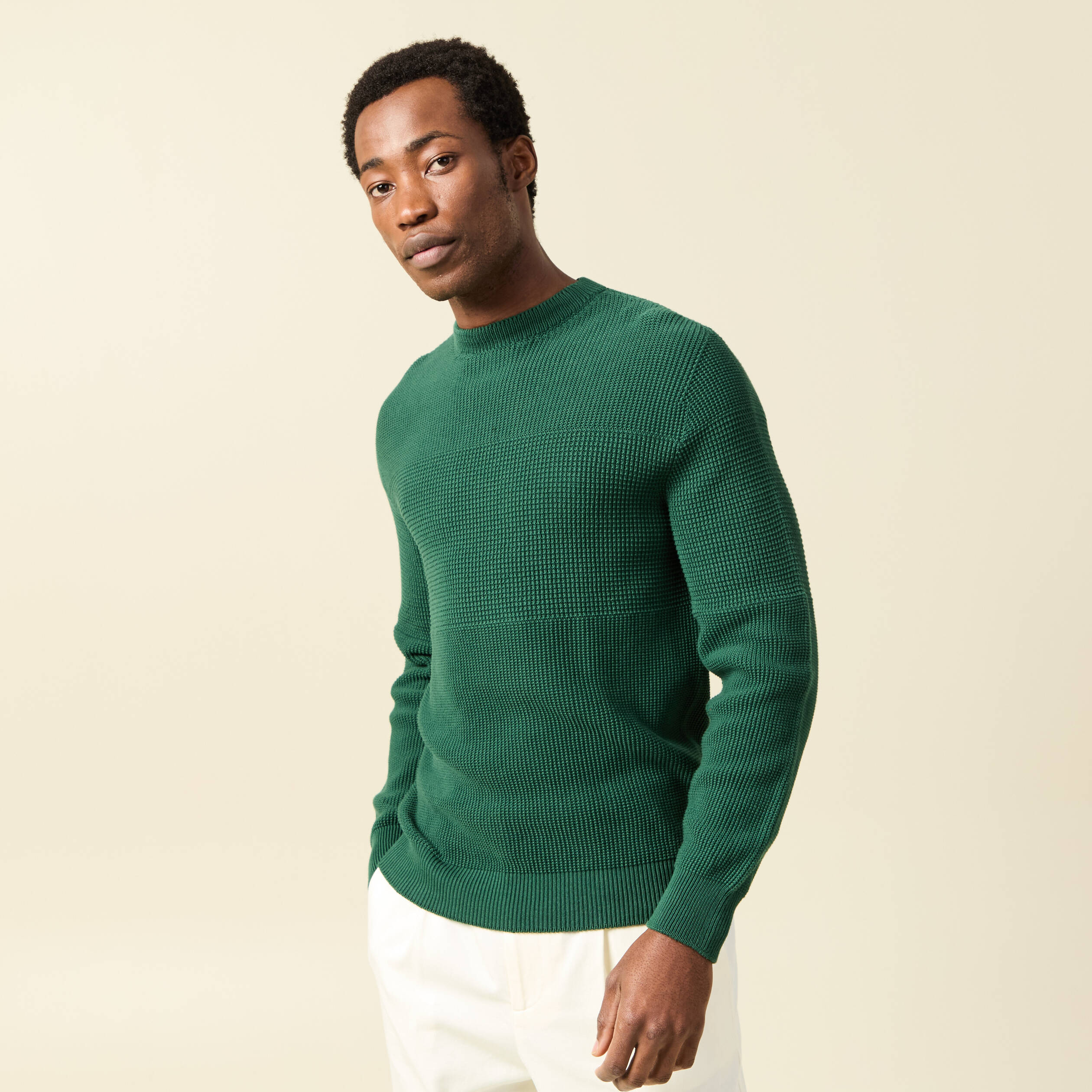 Pull col rond manches longues en coton vert homme