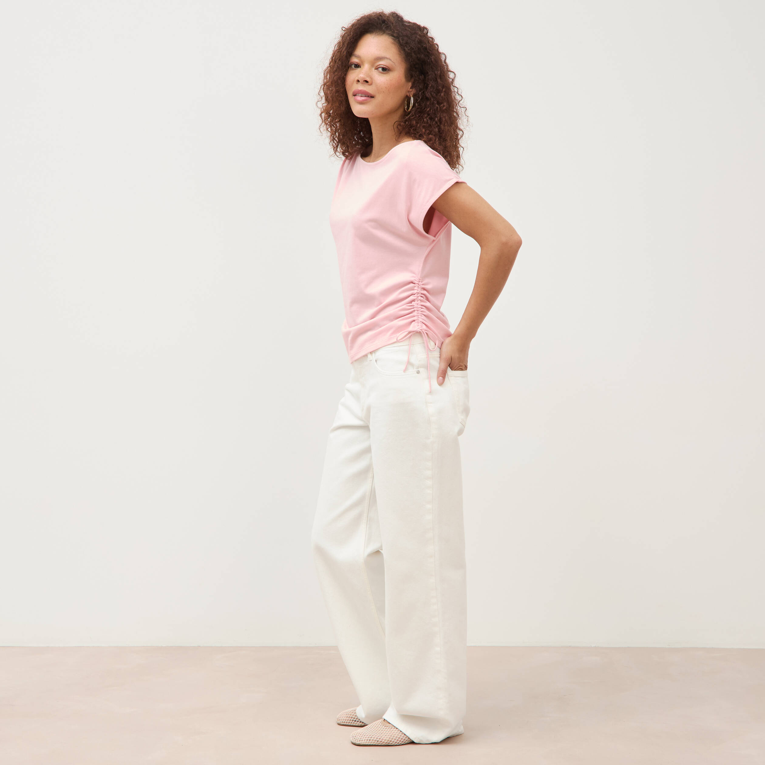 T-shirt col bateau manches courtes rose clair femme