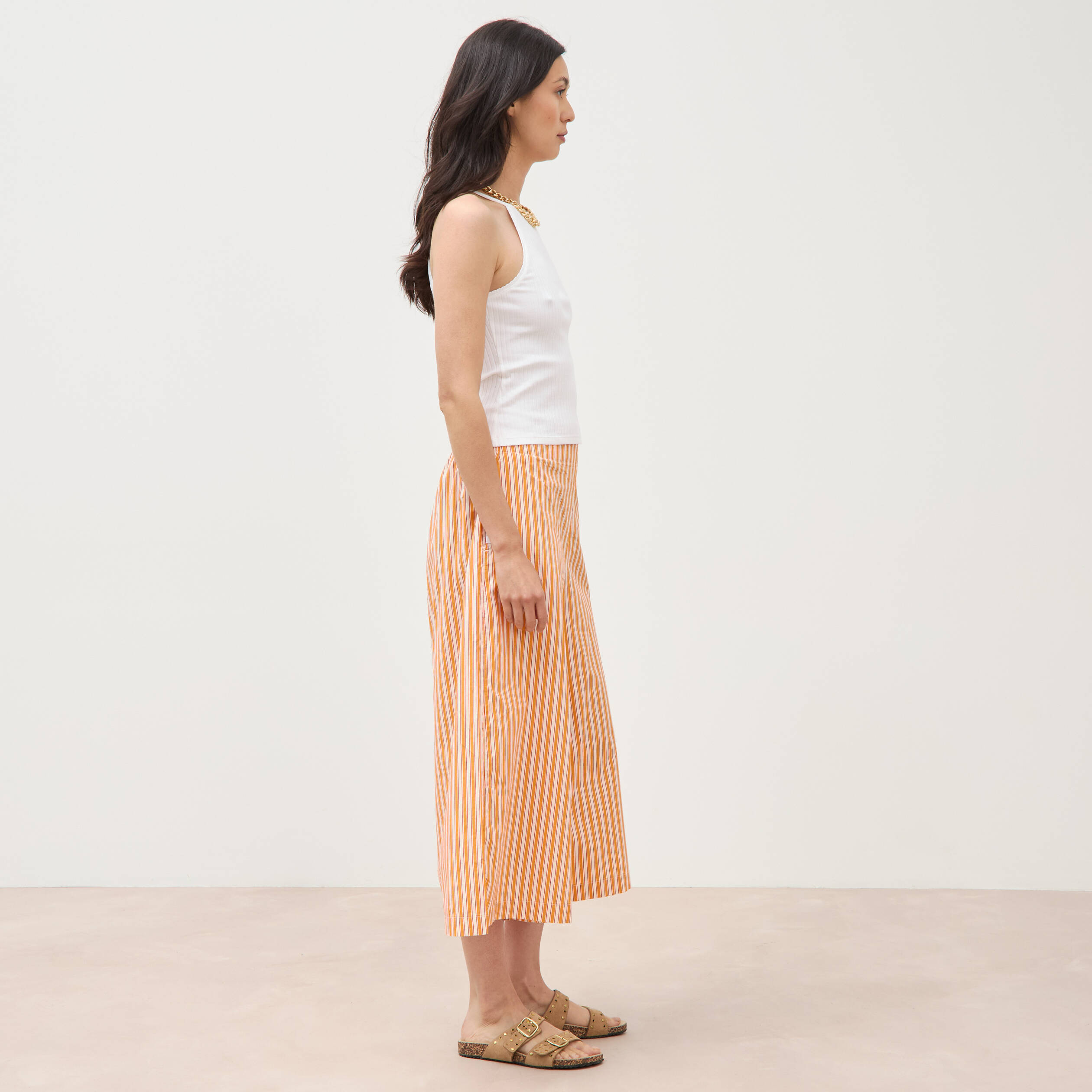Pantalon large taille haute 3/4 en coton orange abricot femme