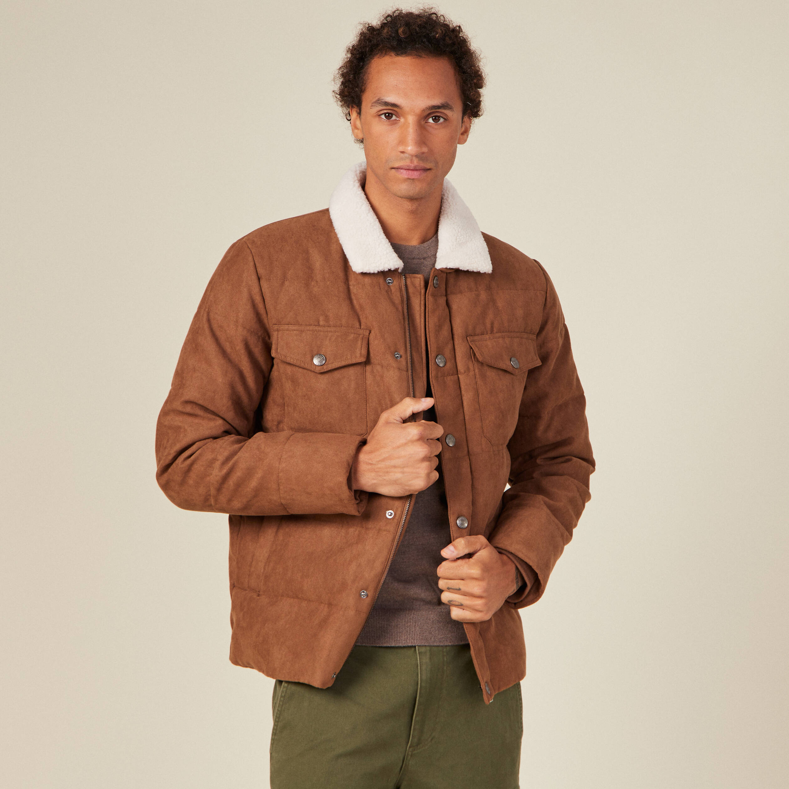 Doudoune suédine droite marron homme