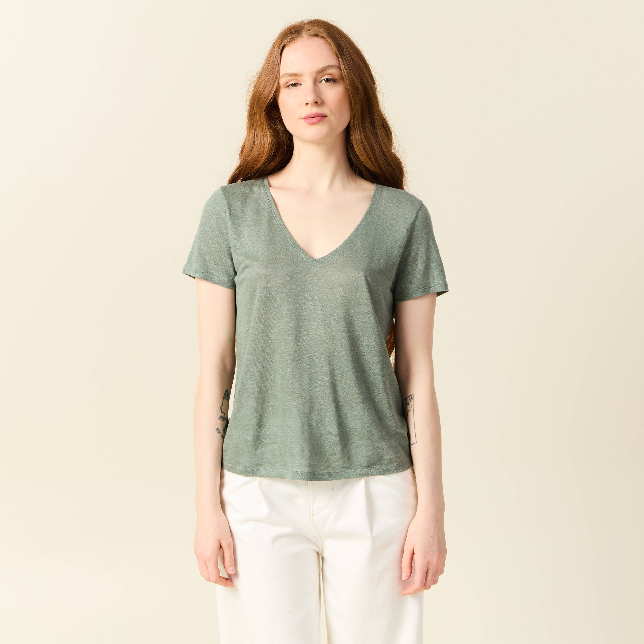 t shirt en lin vert kaki femme T-shirt en lin vert kaki femme