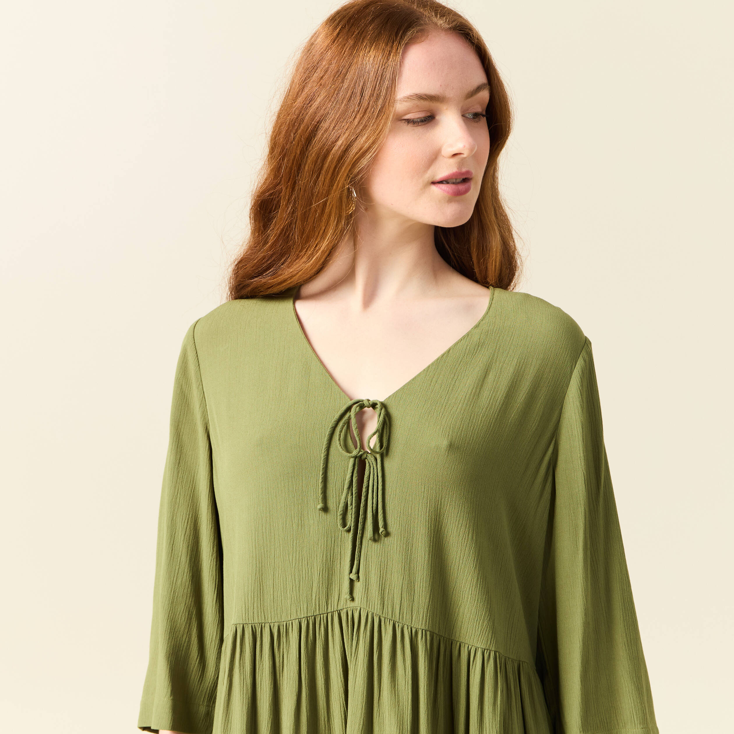 robe evasee manches 34 vert kaki femme Robe évasée manches 3/4 vert kaki femme