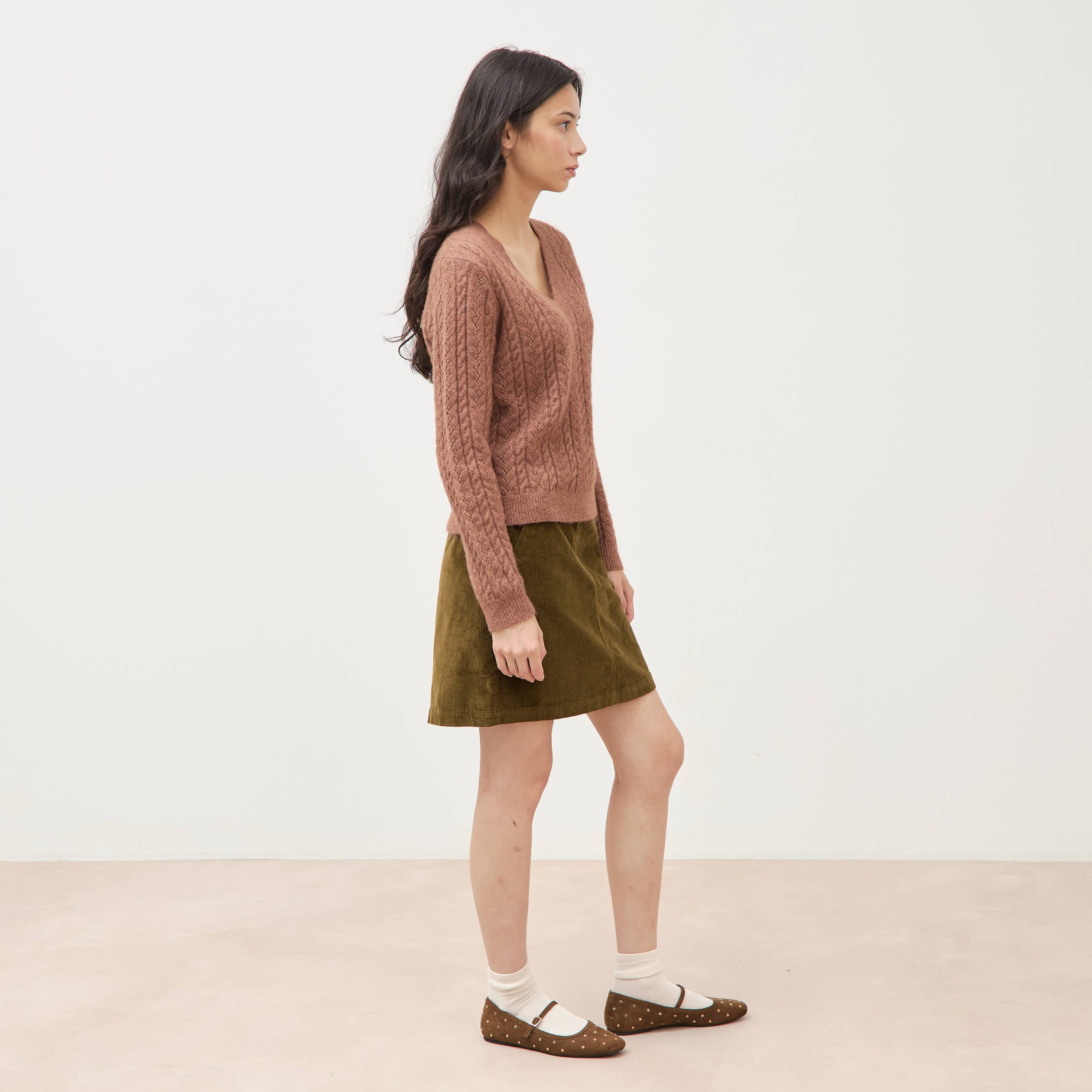 Pull droit col v manches longues marron clair femme