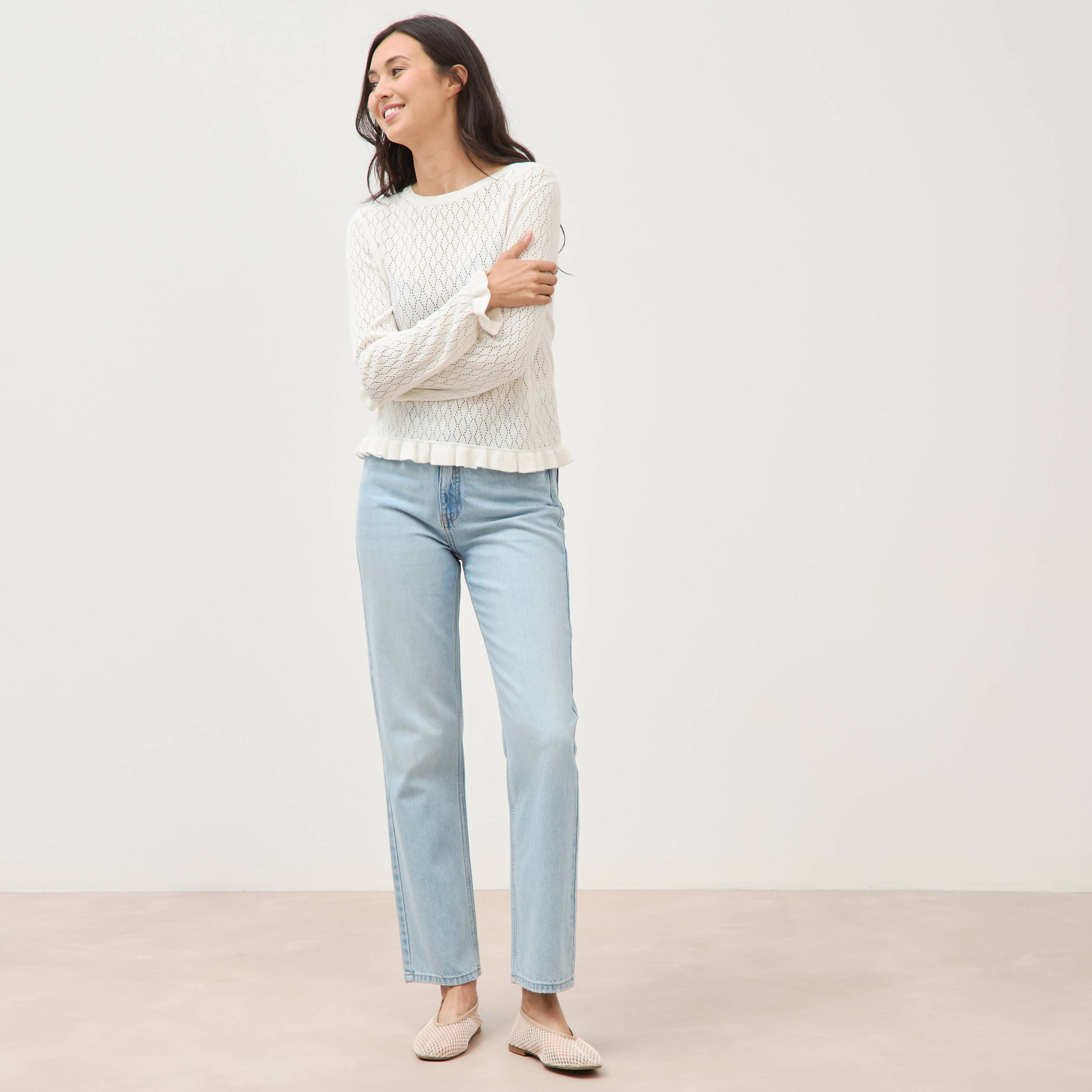 Pull ajour&eacute; col rond manches longues ecru femme