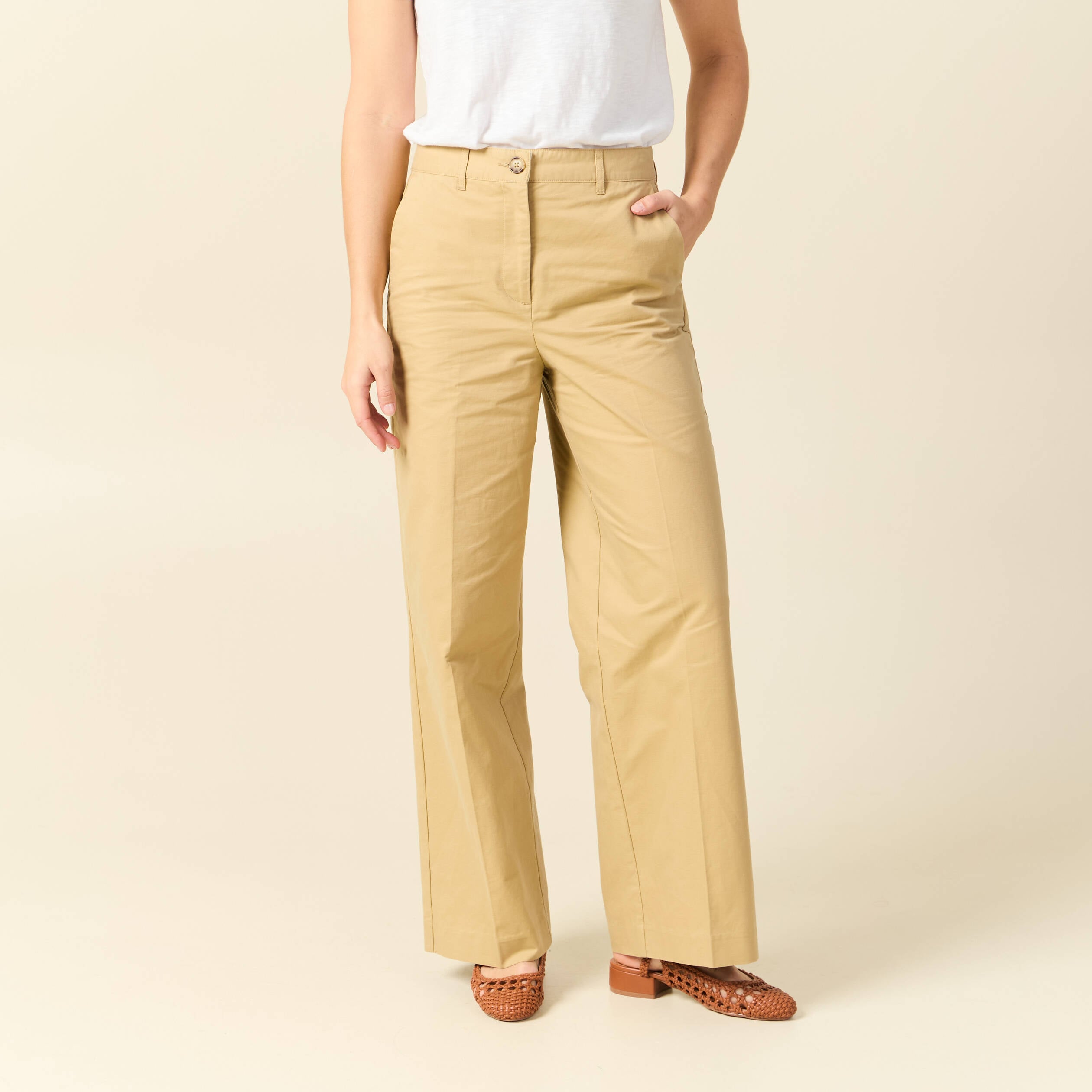Pantalon large taille haute beige femme