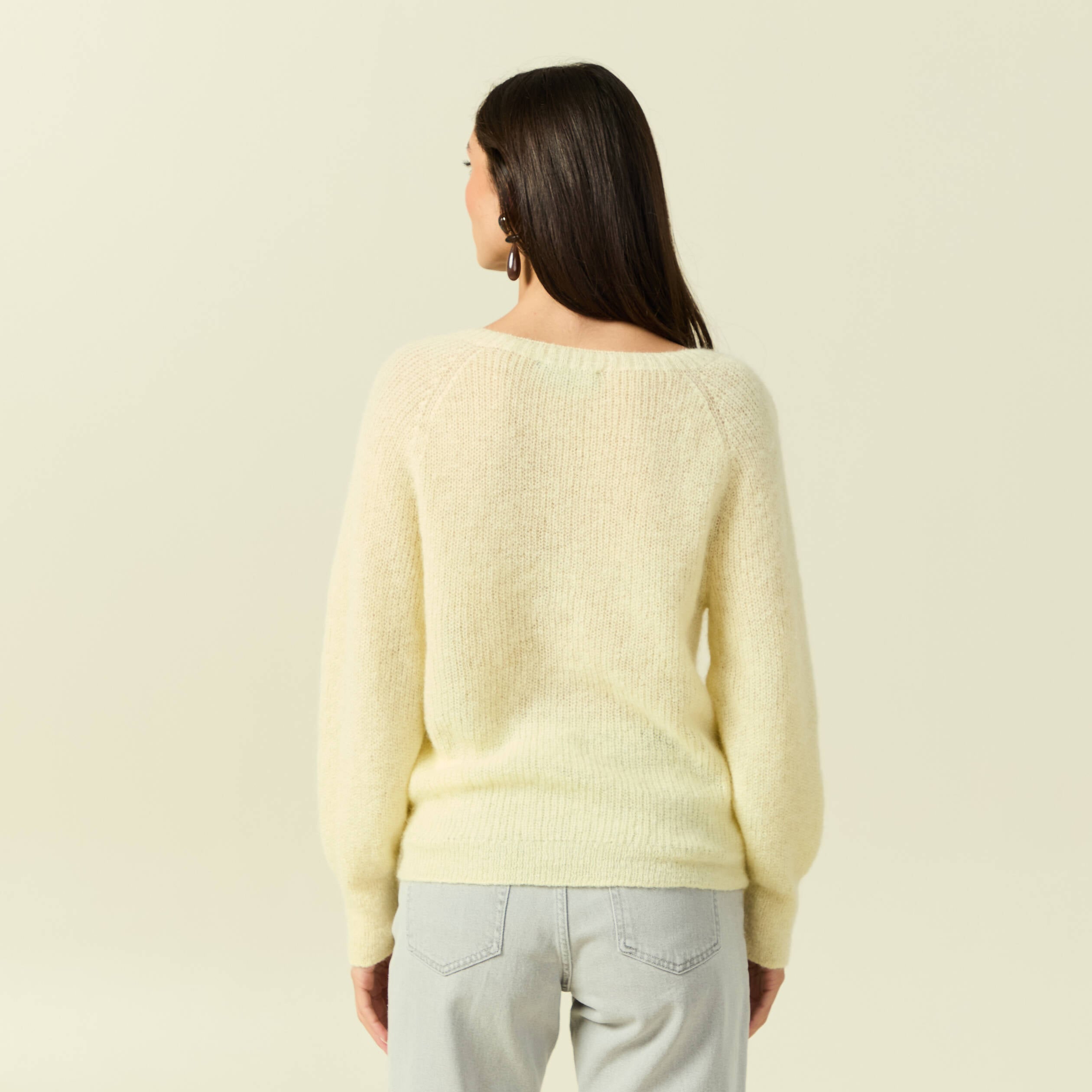 Pull manches longues col rond jaune femme