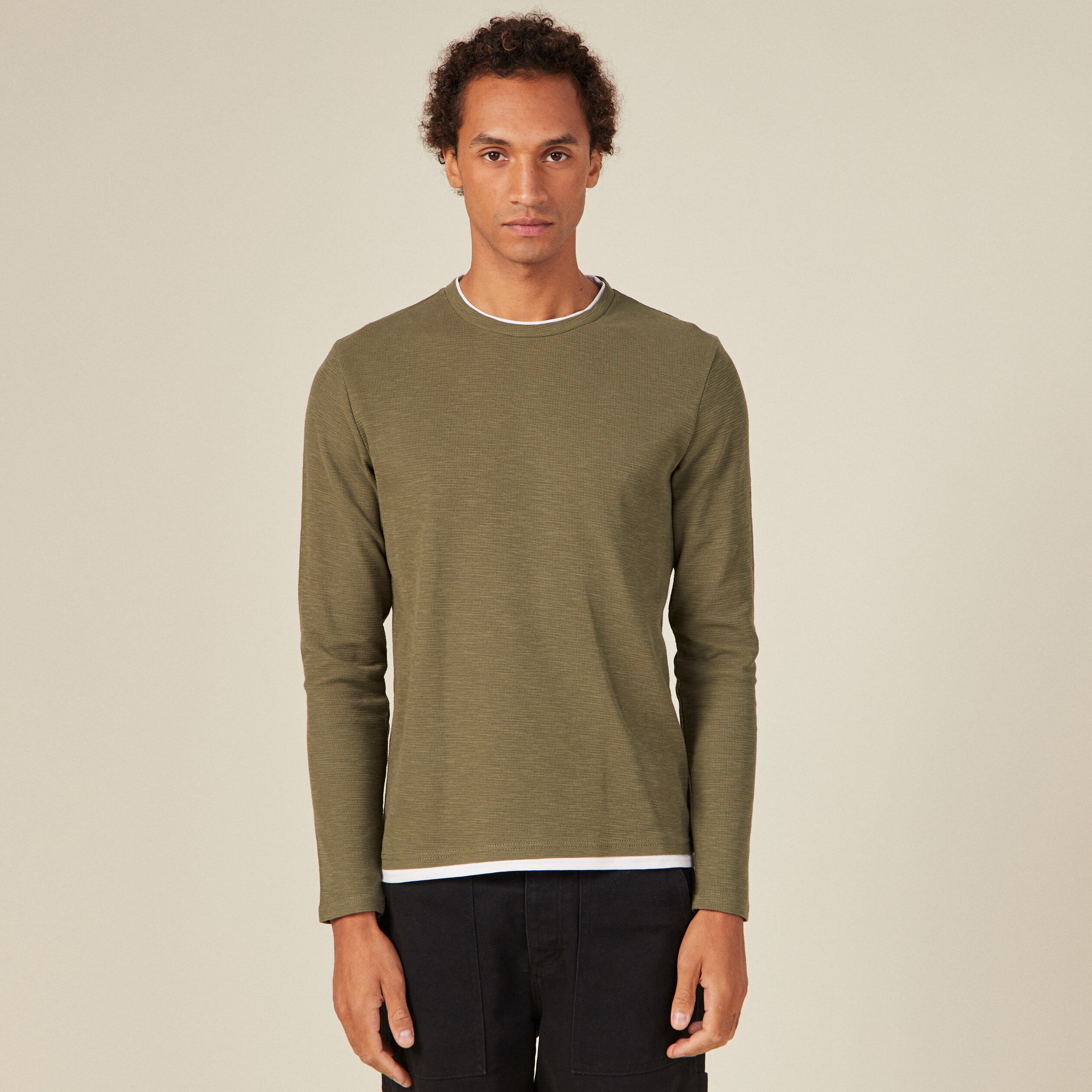 T-shirt manches longues vert kaki homme