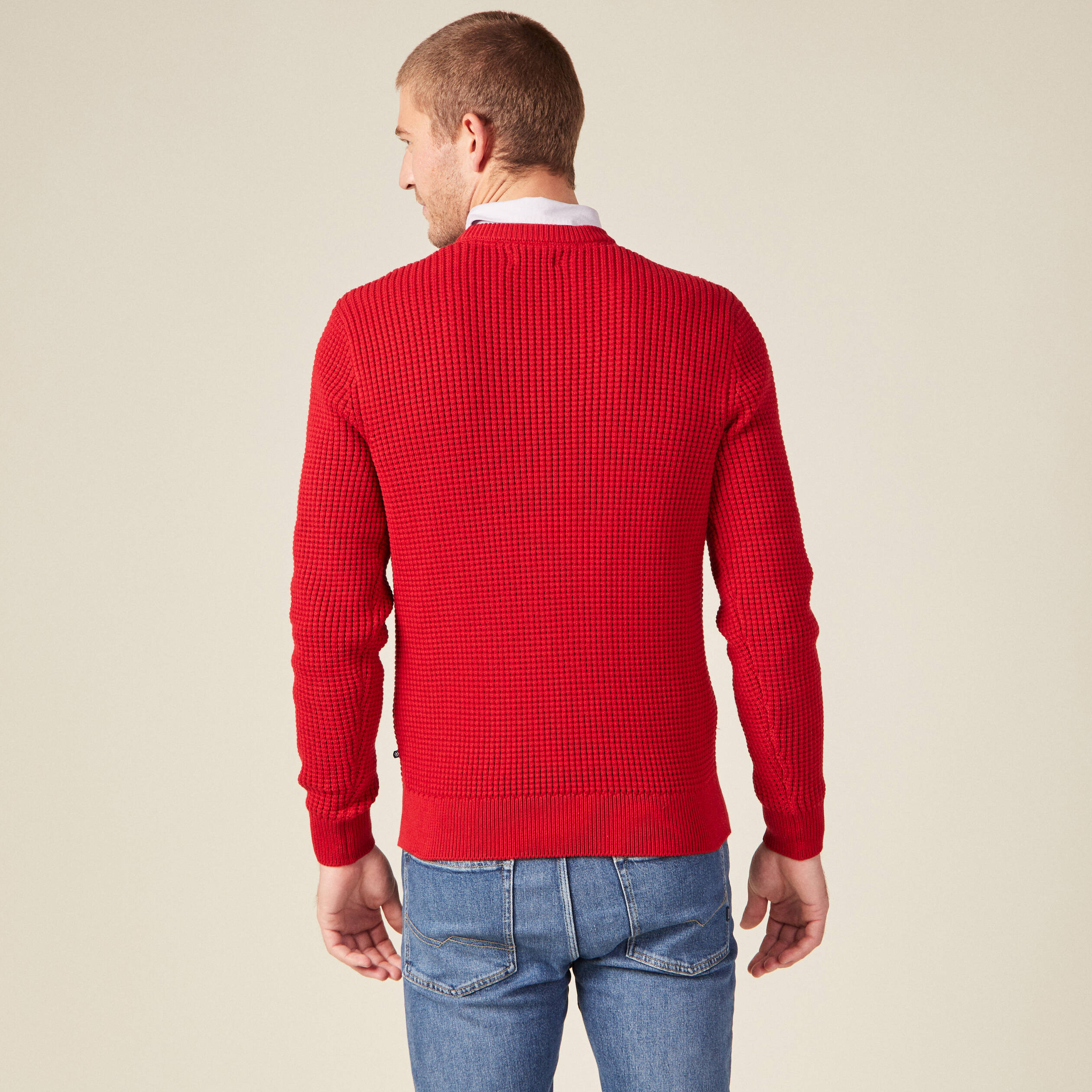 Pull manches longues col rond rouge fonc&eacute; homme