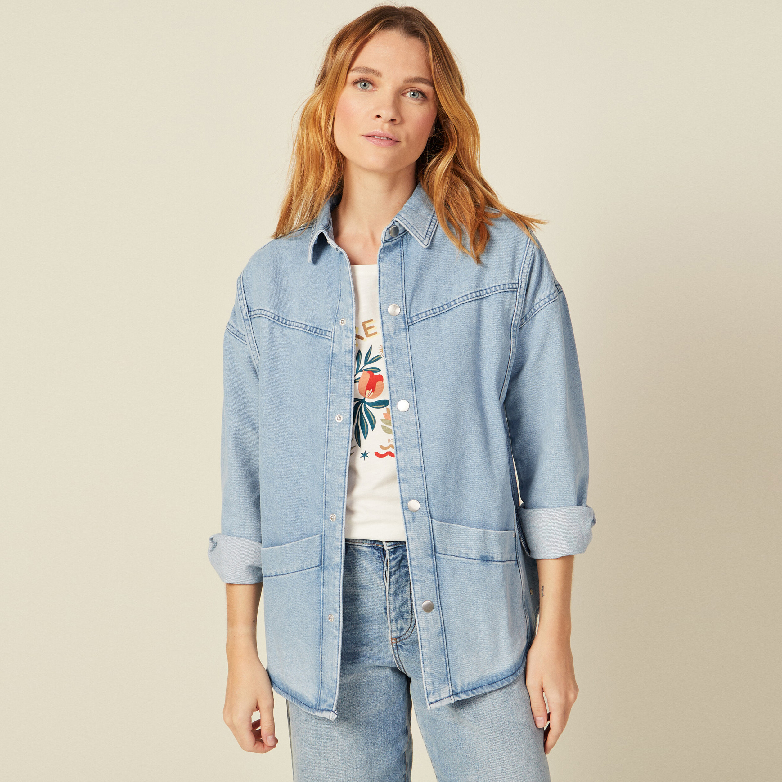 Veste workwear manches 3/4 denim stone femme