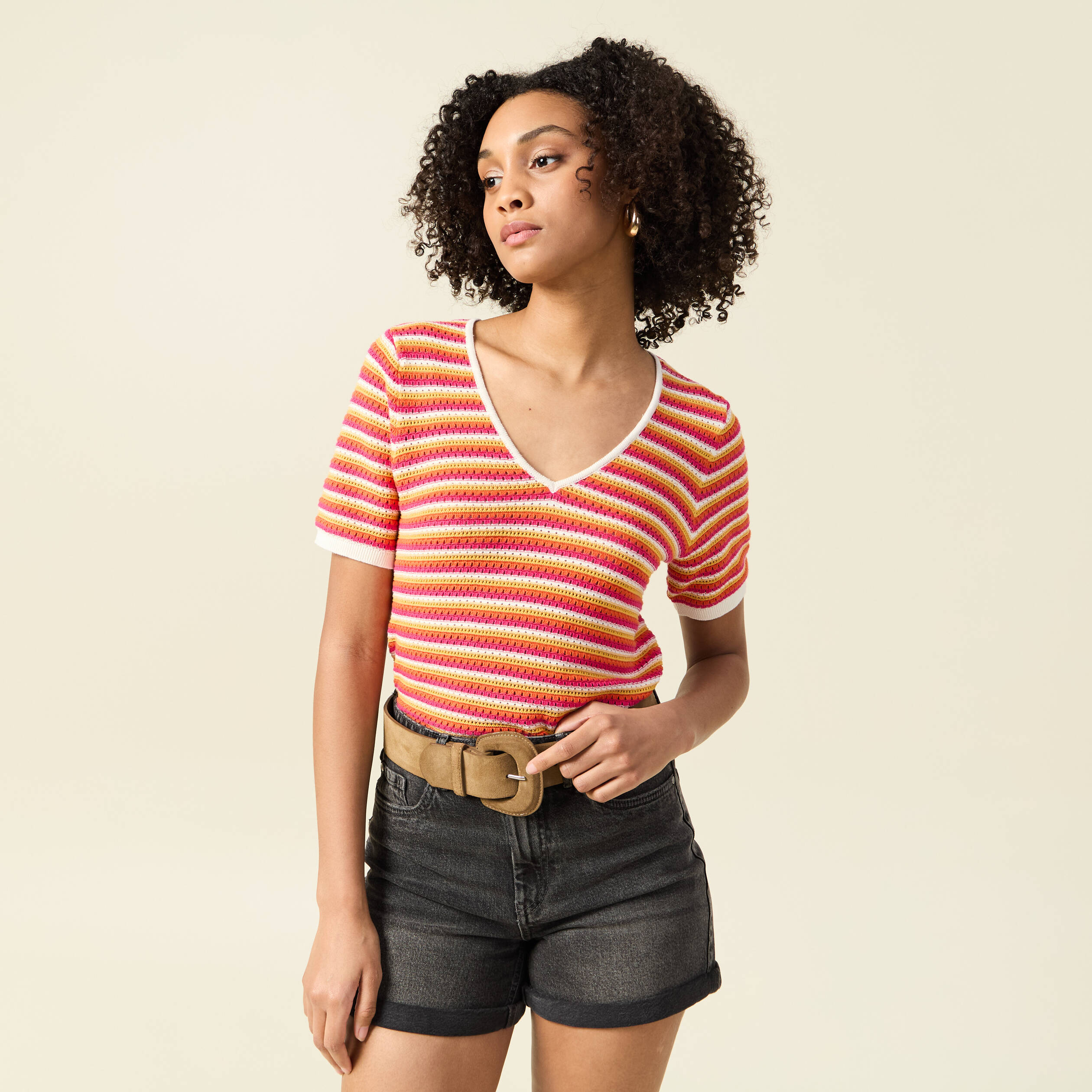 Pull manches courtes marron cognac femme