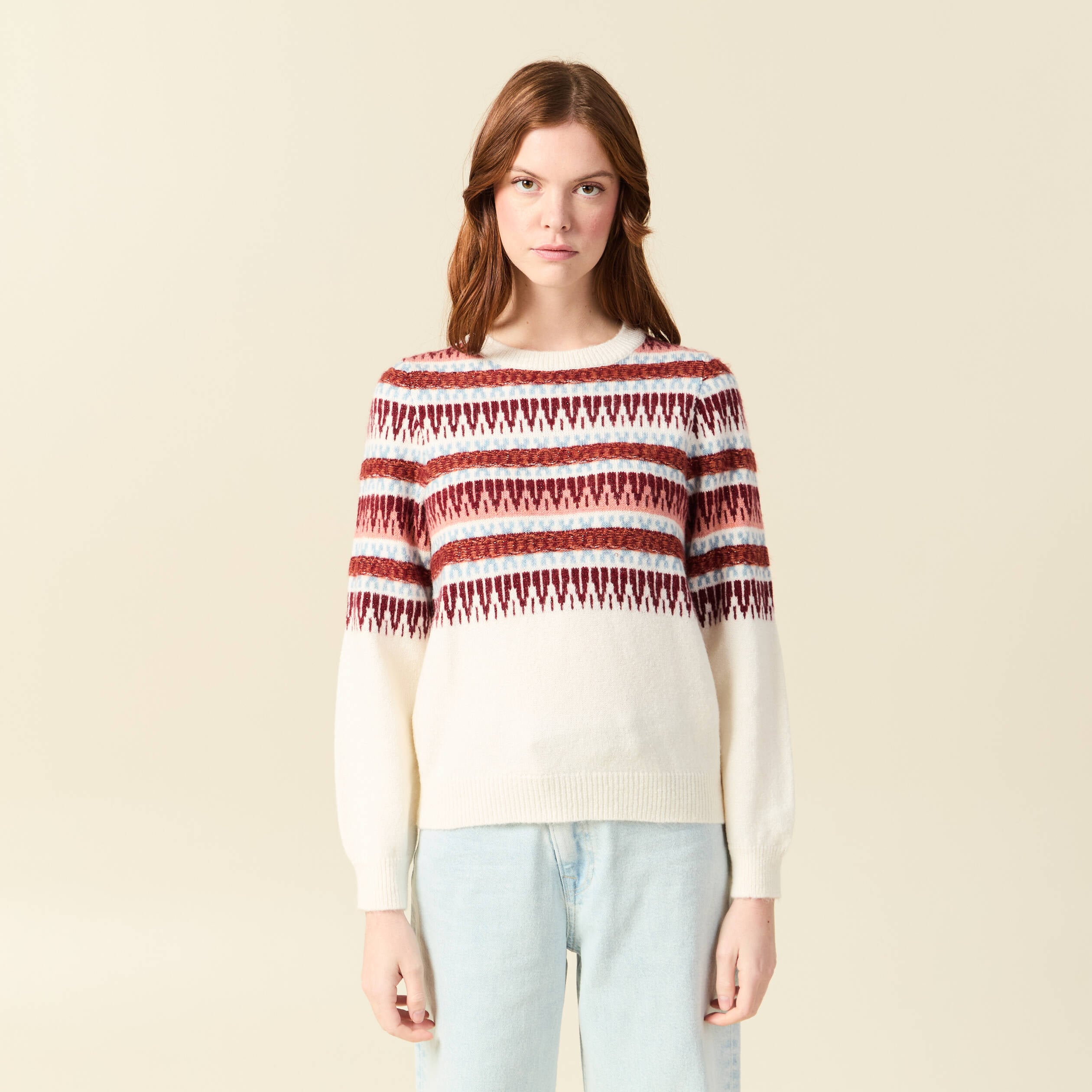 Pull manches longues col rond ecru femme