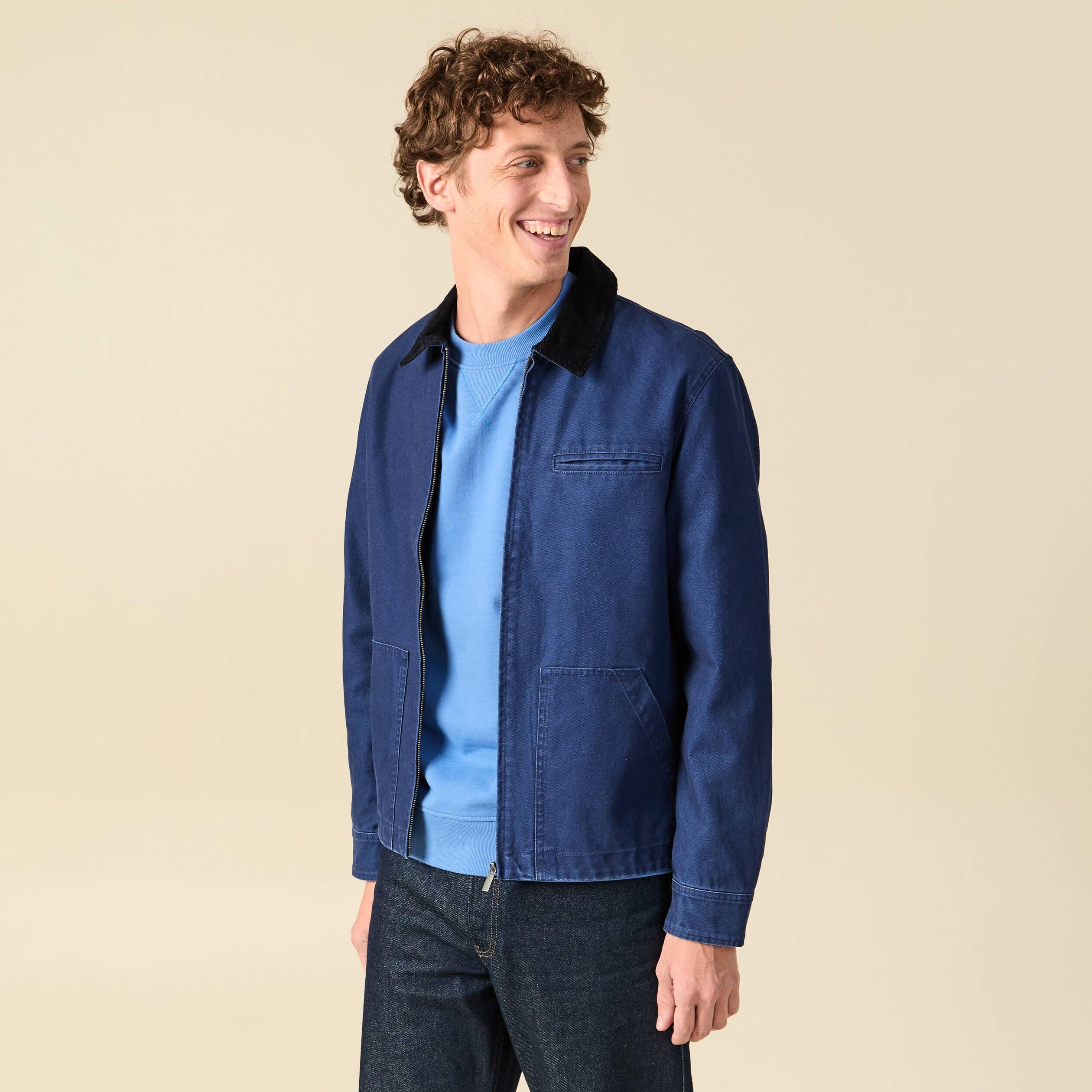 Blouson manches longues en coton bleu fonc&eacute; homme