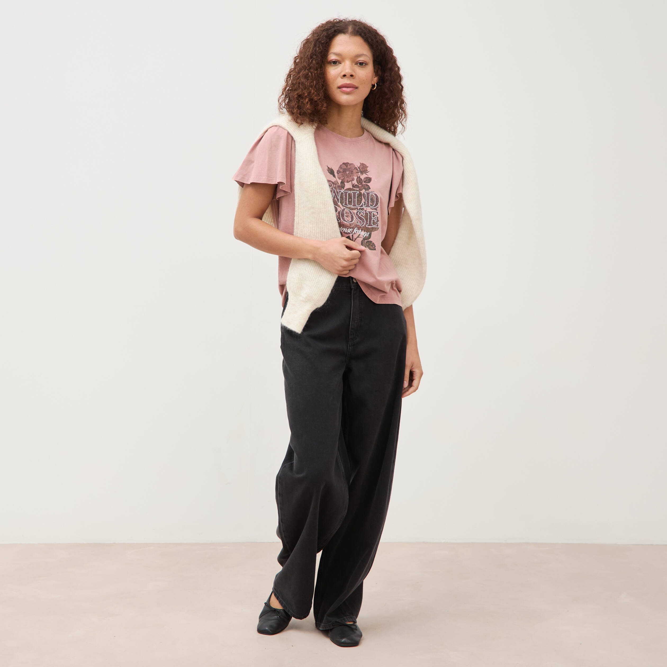 T-shirt col rond manches courtes vieux rose femme