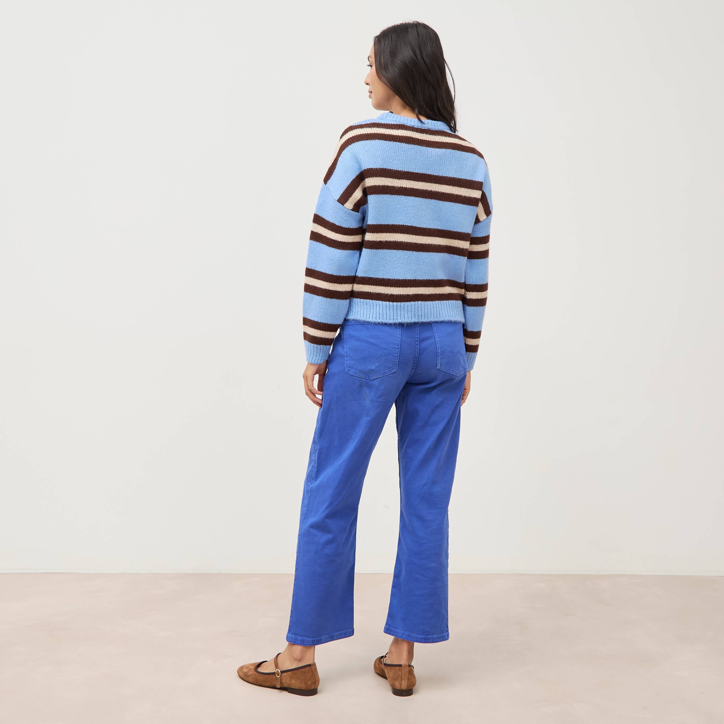 Pull droit manches longues col rond bleu femme