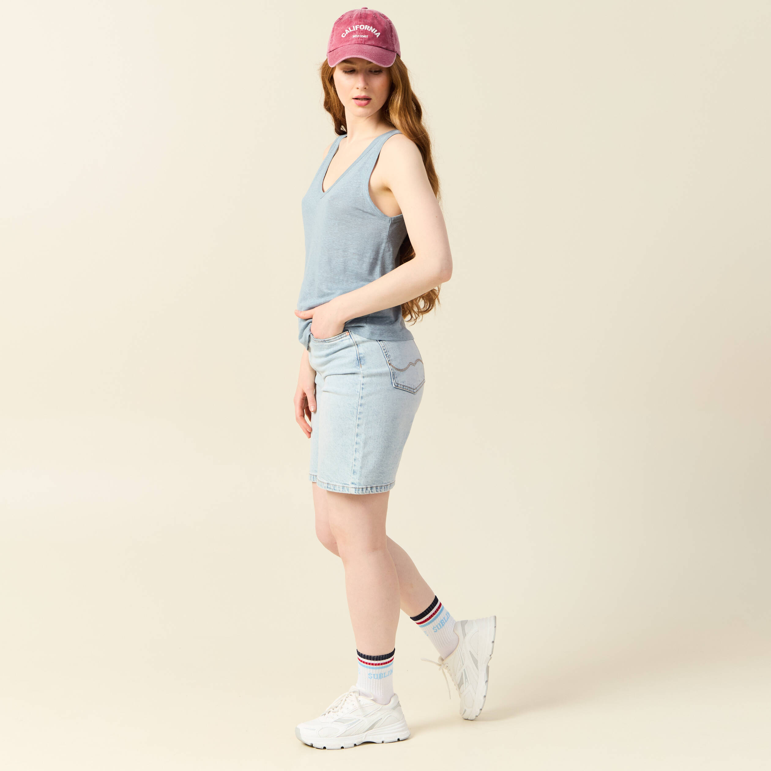 debardeur sans manches en lin bleu gris femme Débardeur sans manches en lin bleu gris femme