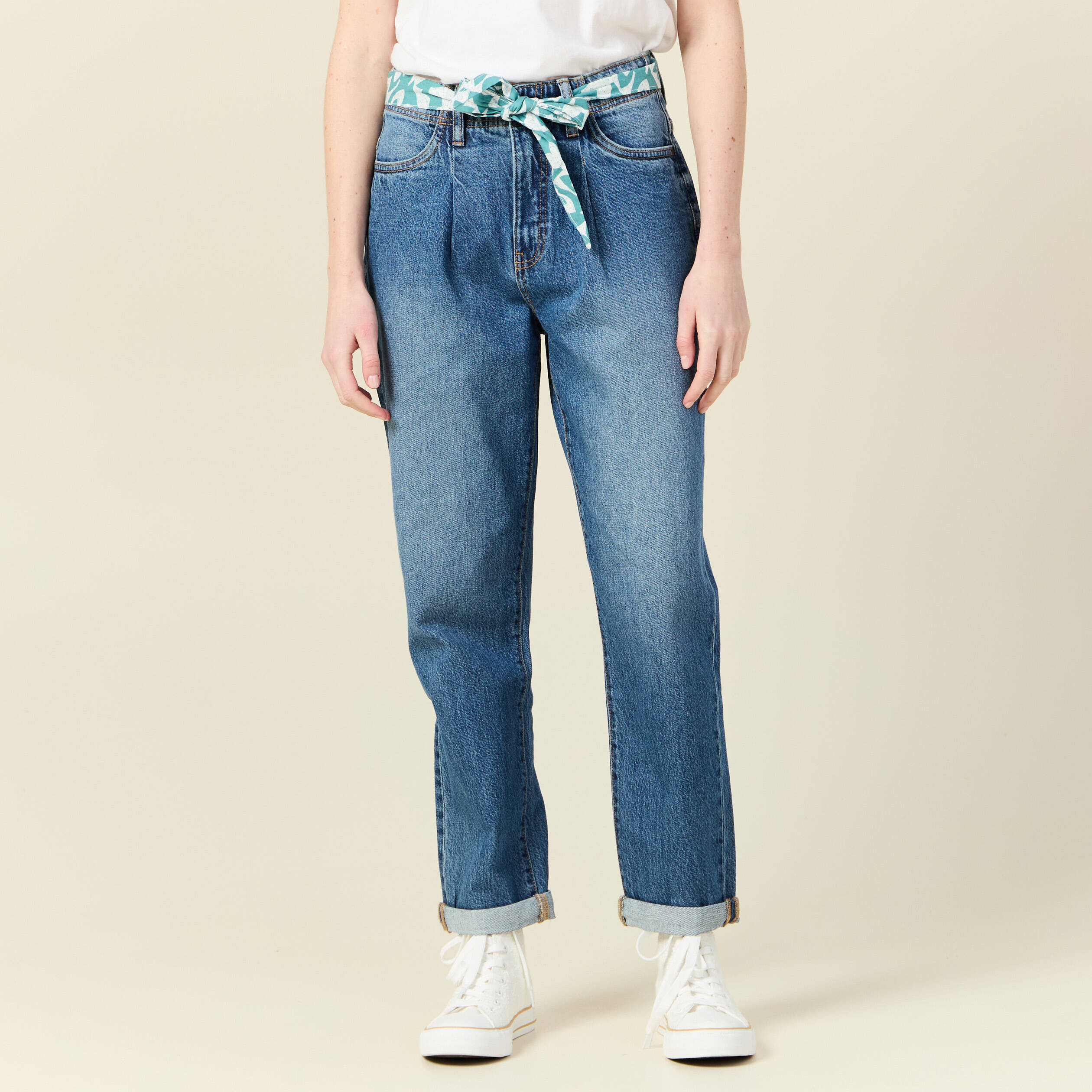jeans mom ceinture foulard denim stone femme Jeans mom ceinture foulard denim stone femme