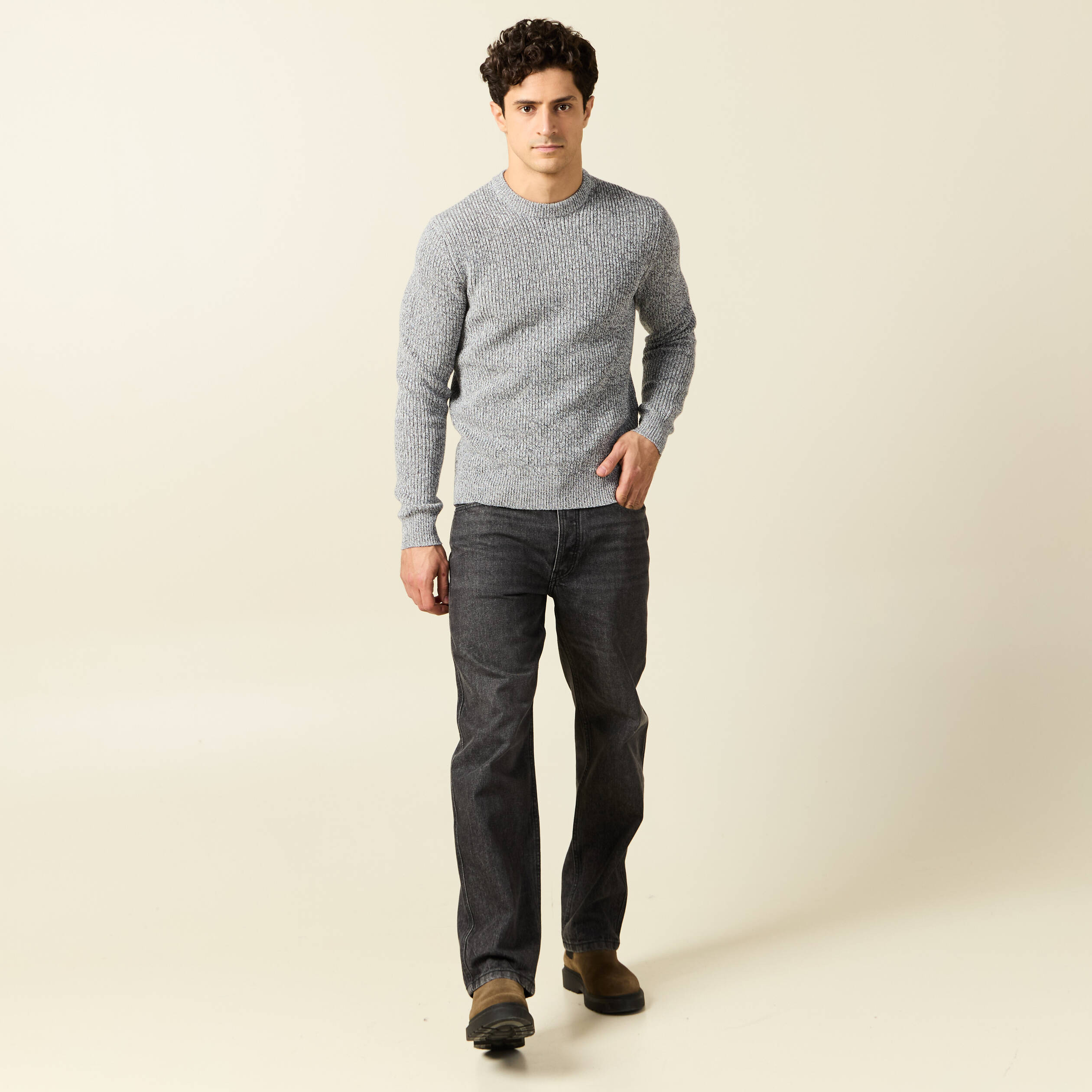 Pull col V en maille fine jauge - Gris chiné - Grandes tailles - Homme - 16.00