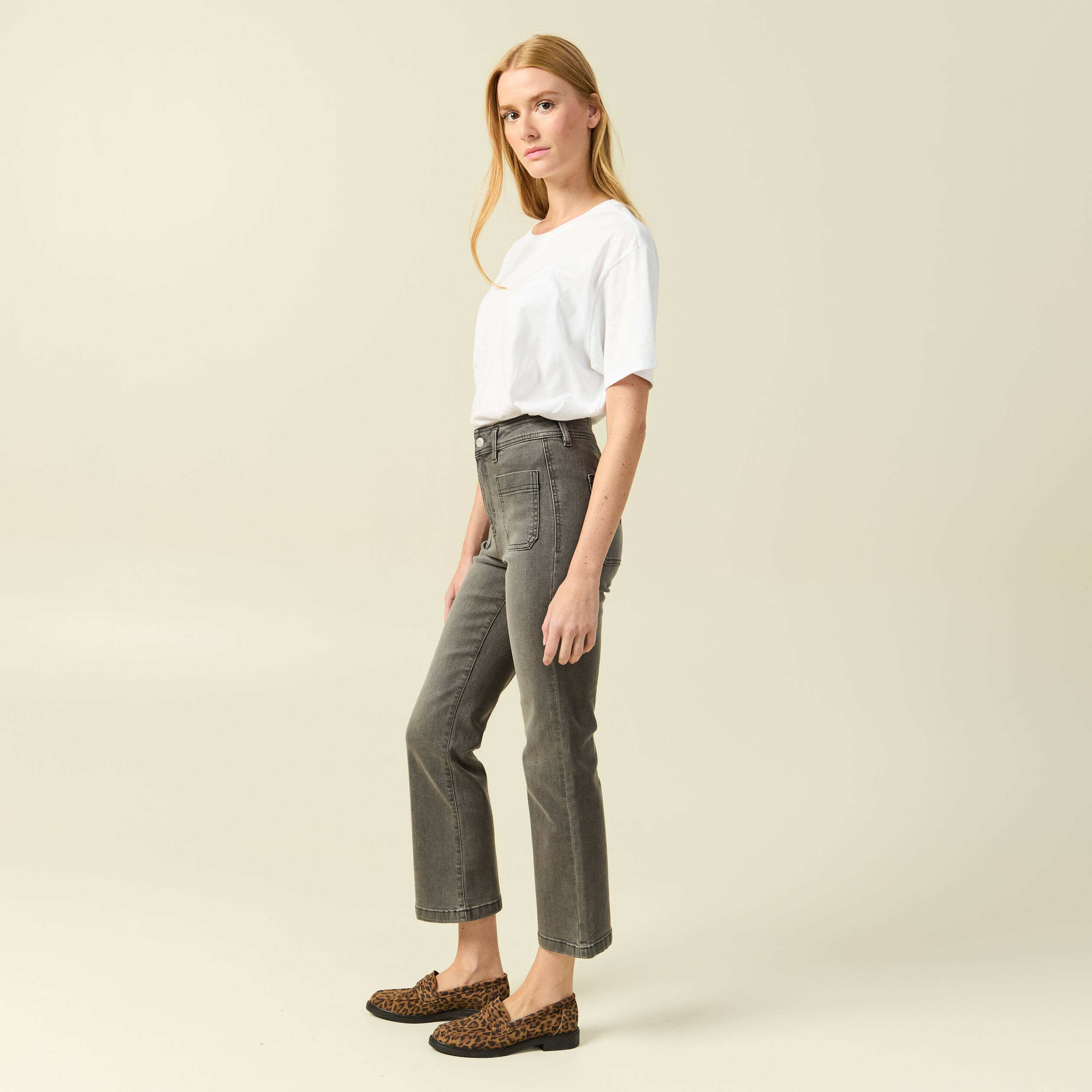 Jeans bootcut cropped taille haute denim gris femme