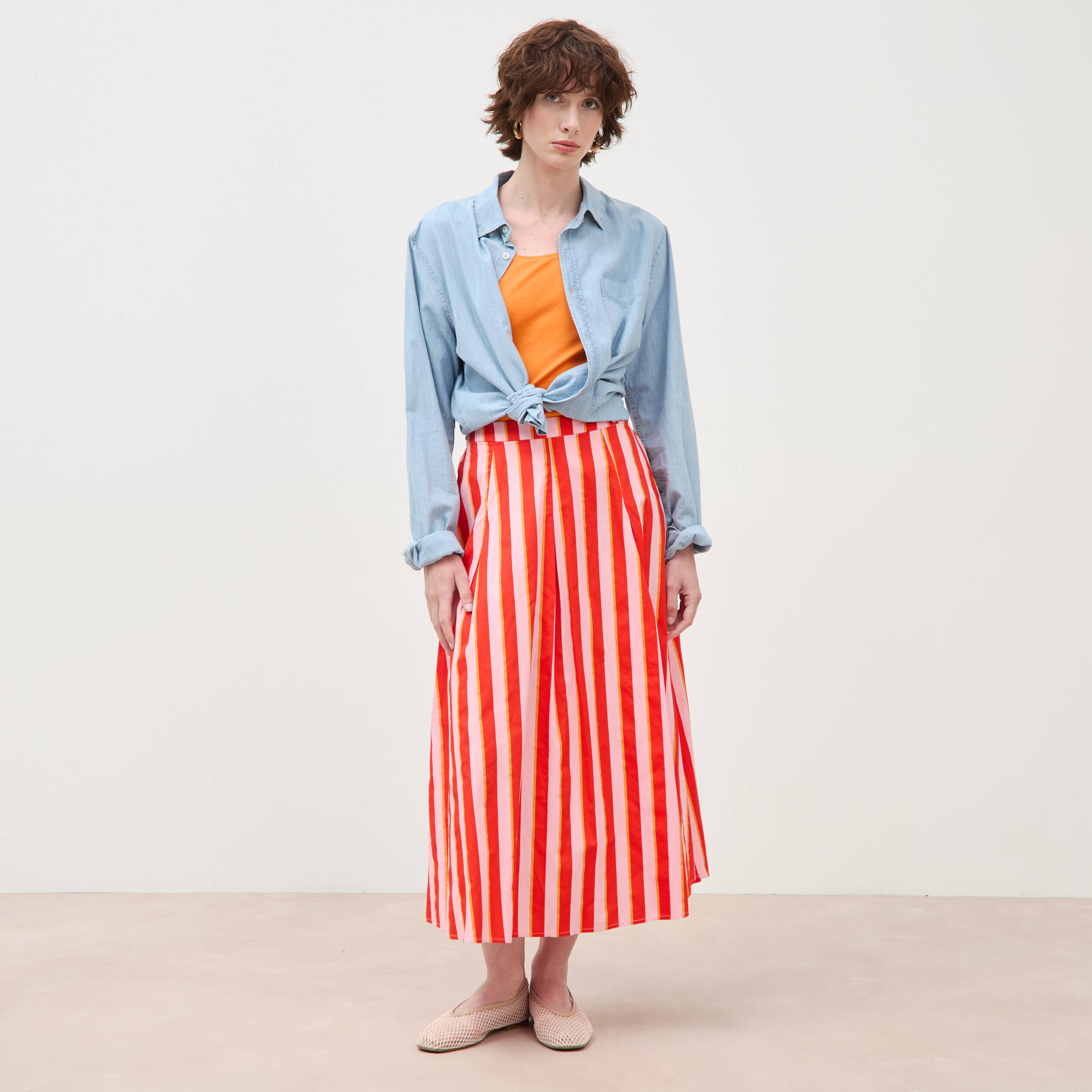 Jupe longue &eacute;vas&eacute;e en coton ray&eacute; orange corail femme