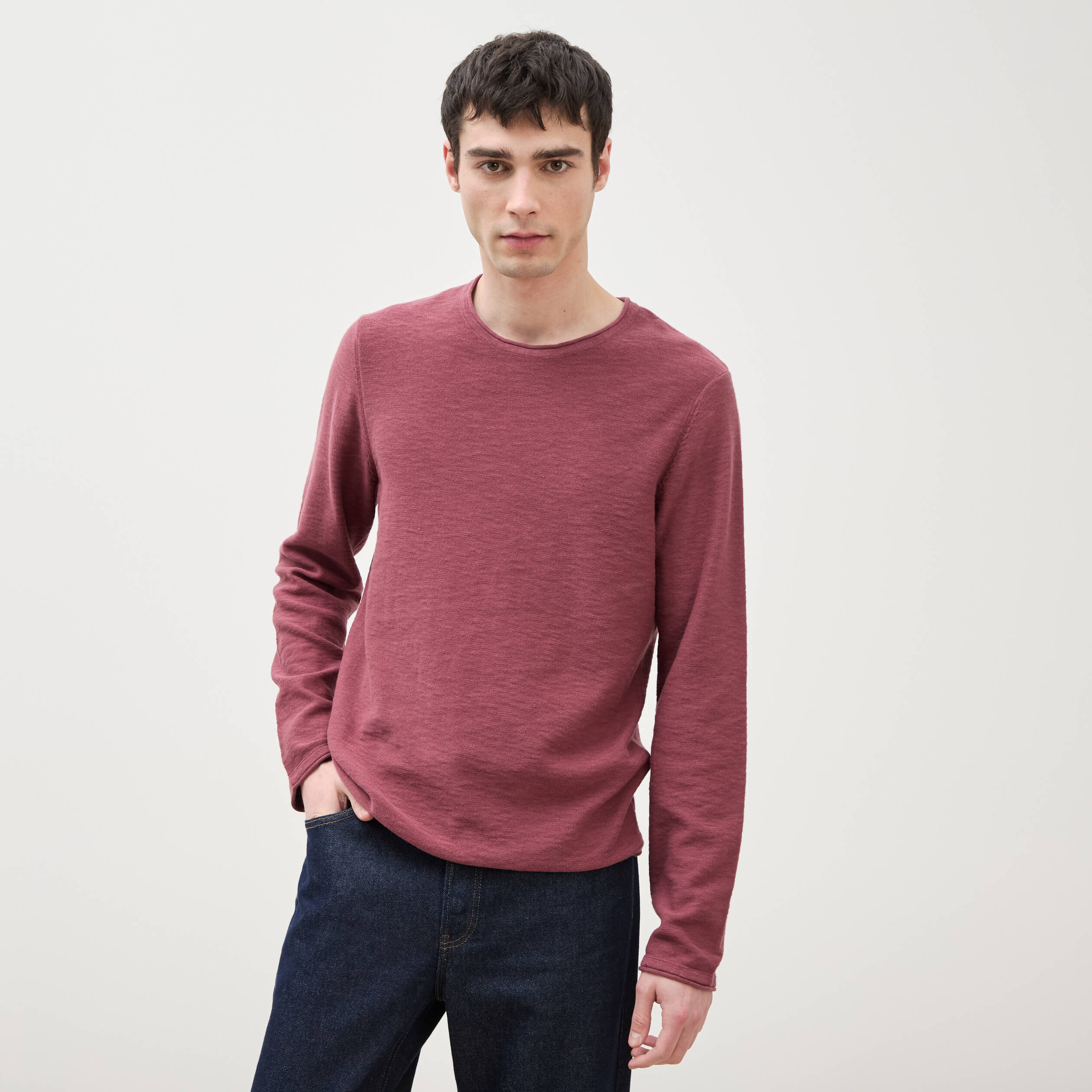 Pull fin en coton manches longues vieux rose homme