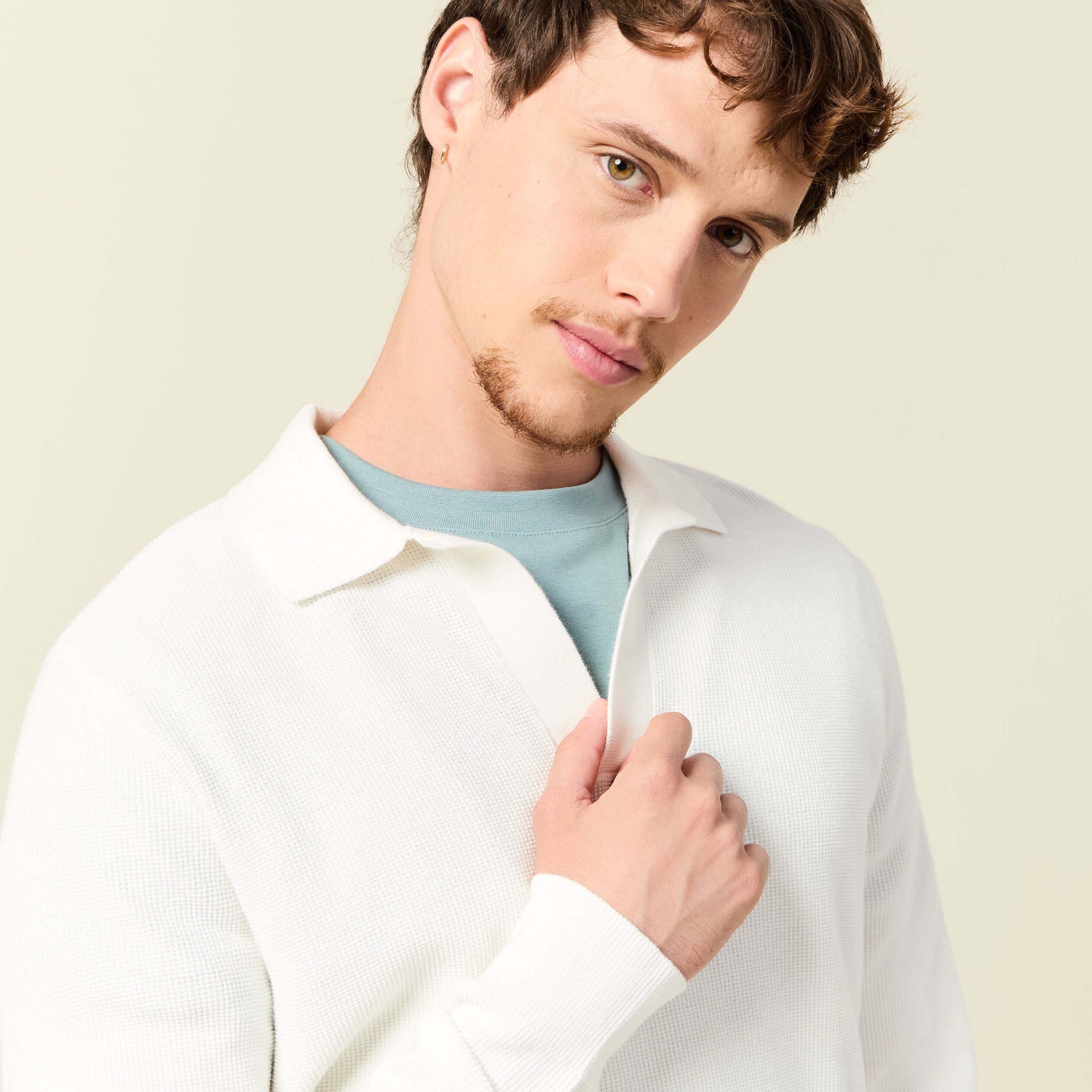 Pull droit col polo manches longues ecru homme