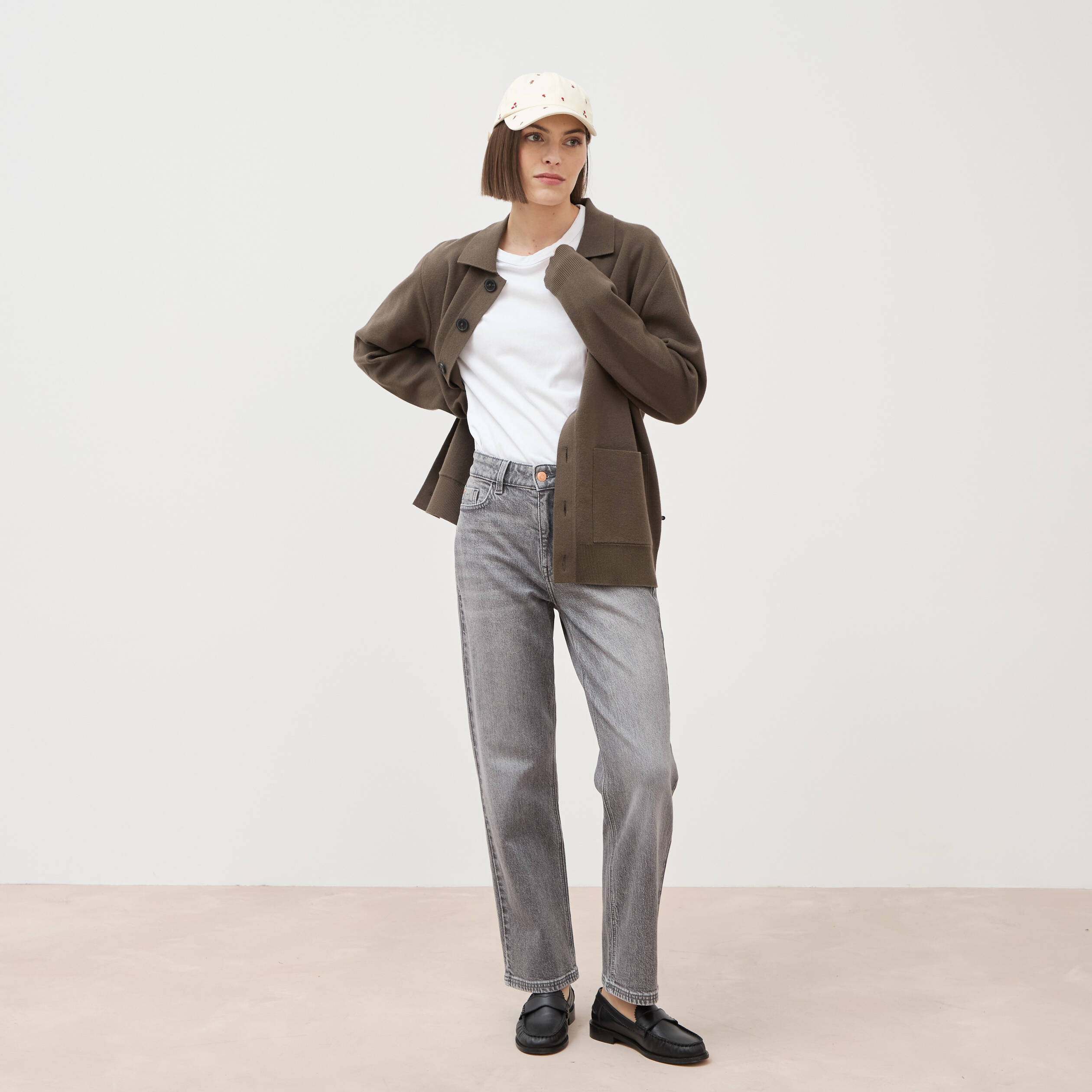 Jeans straight 7/8&egrave;me taille haute denim gris femme