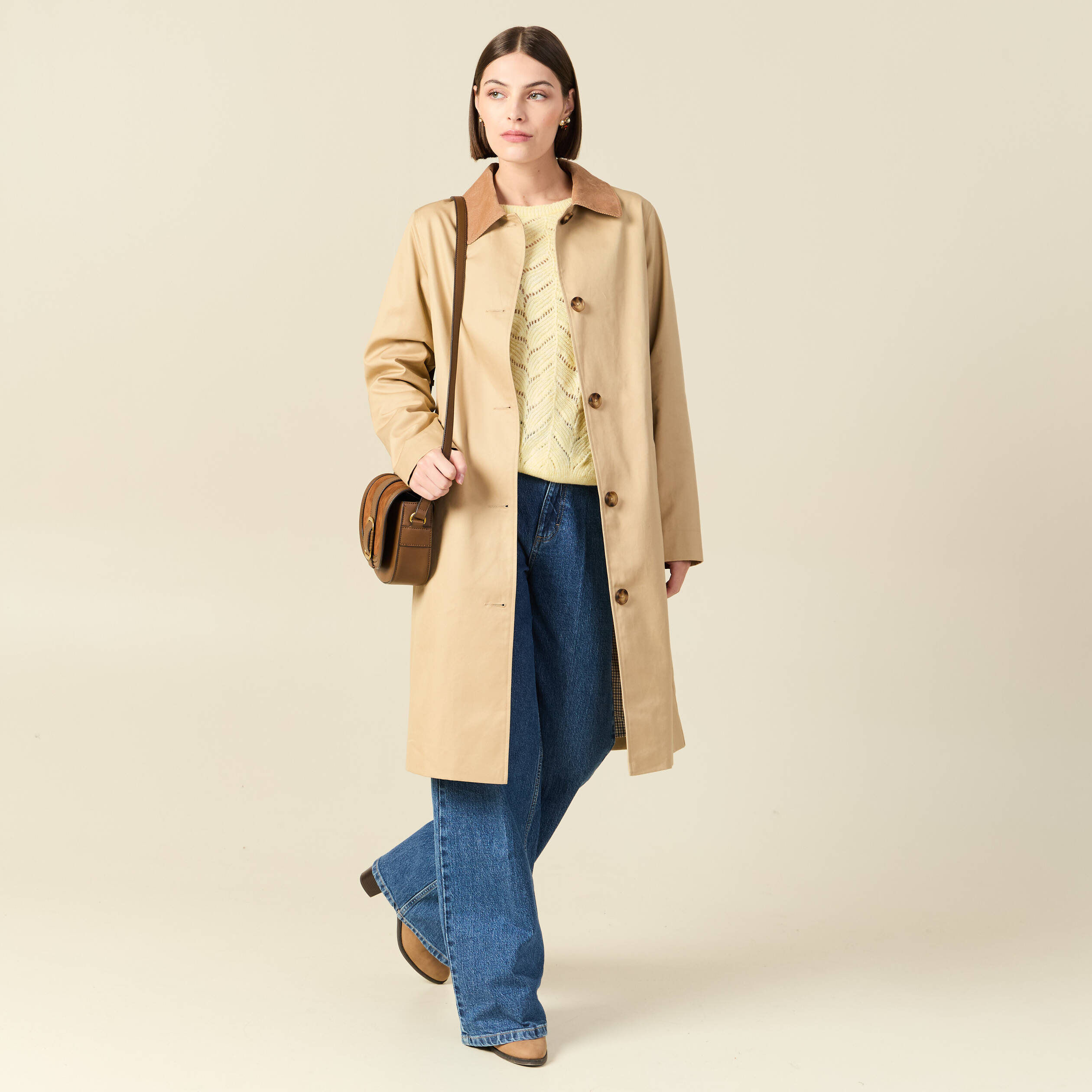 Pull ajour&eacute; col bateau manches longues jaune clair femme