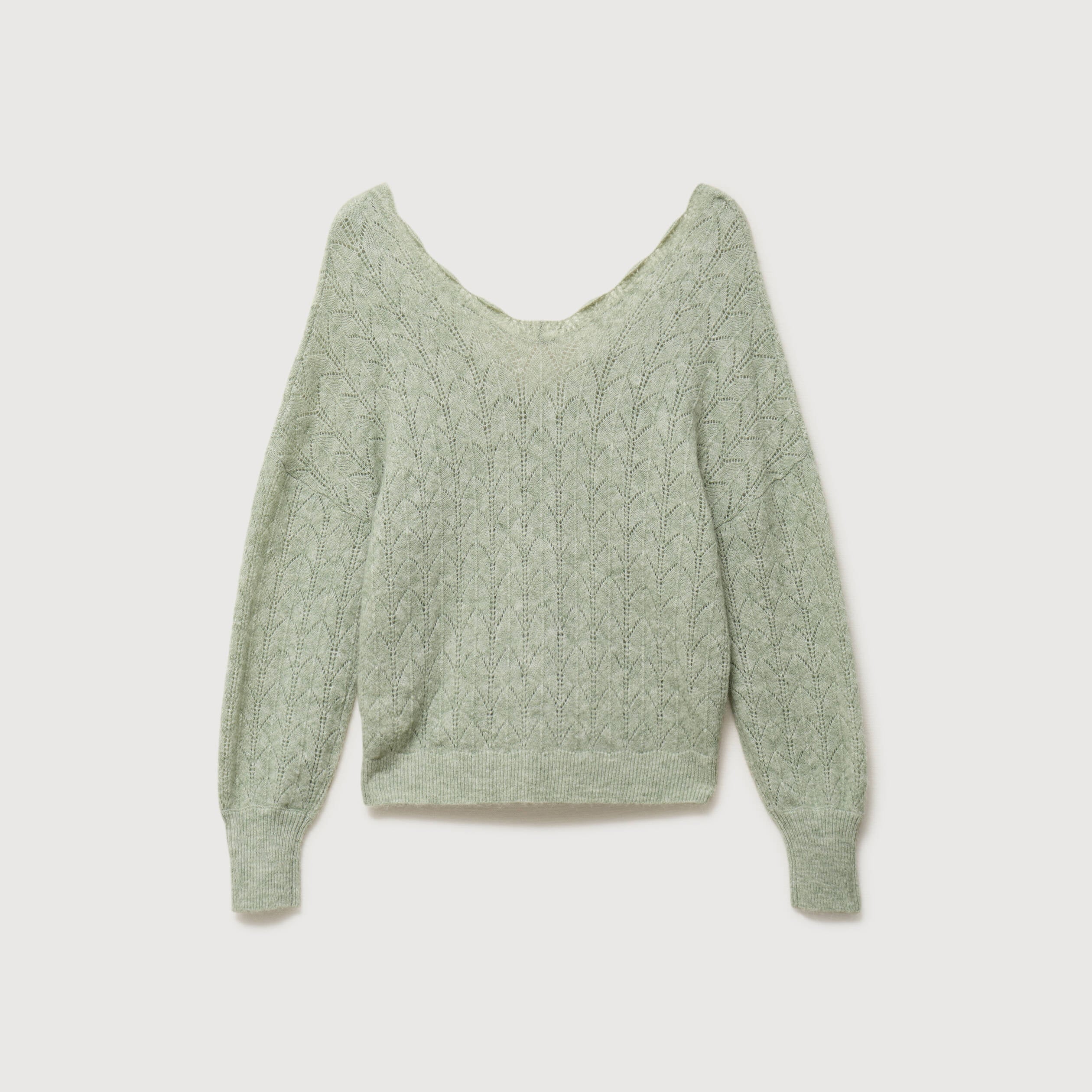Gilet ajour&eacute; col V manches longues vert pastel femme