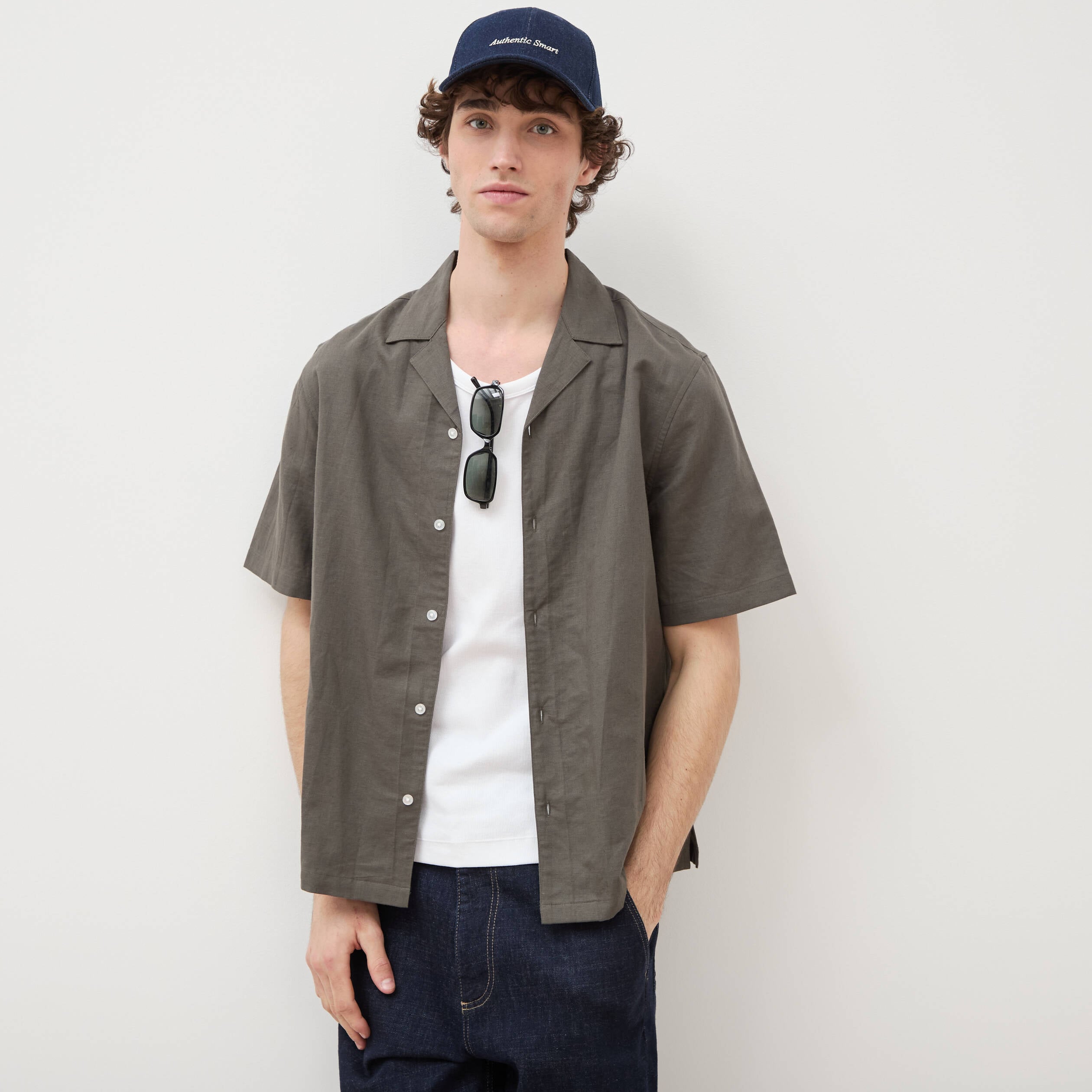 Chemise boyfriend manches courtes vert fonc&eacute; homme