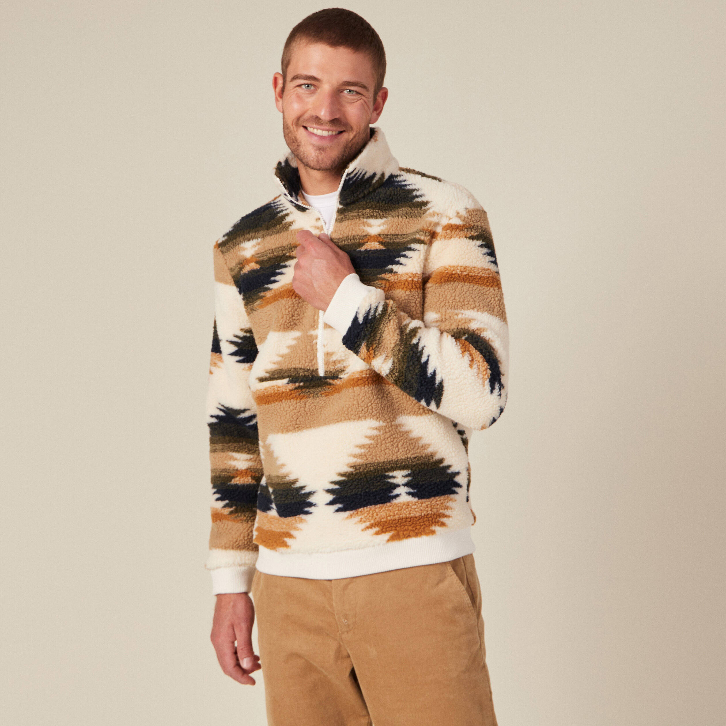 Sweat col camionneur zippé ecru homme
