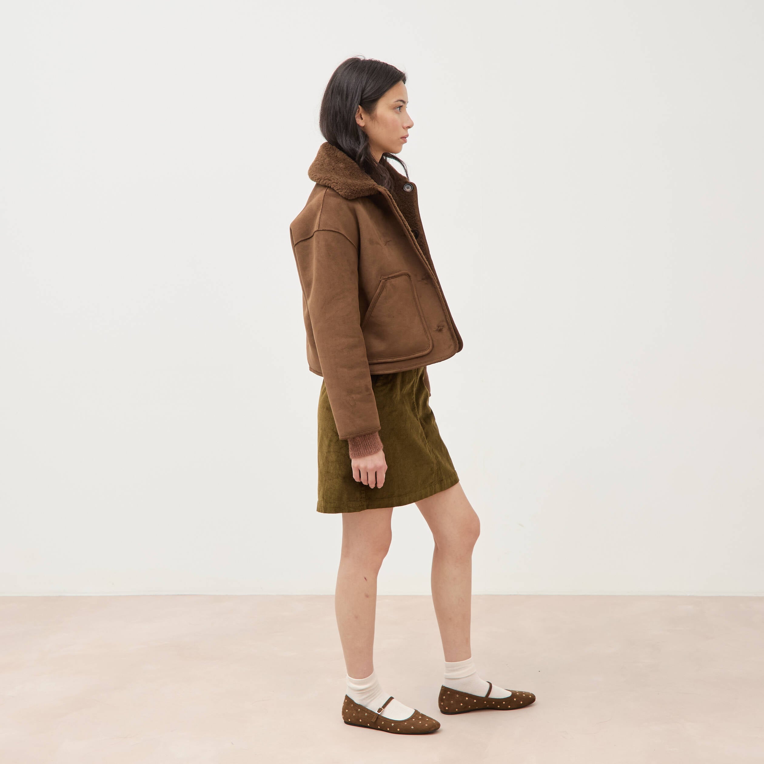 Manteau r&eacute;versible oversize court marron femme