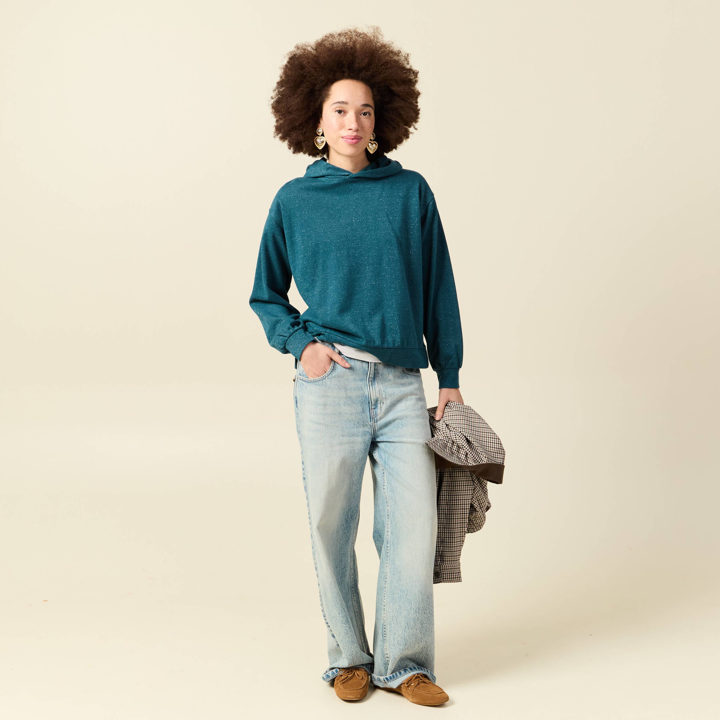 Sweat &agrave; capuche manches longues brillant bleu canard femme
