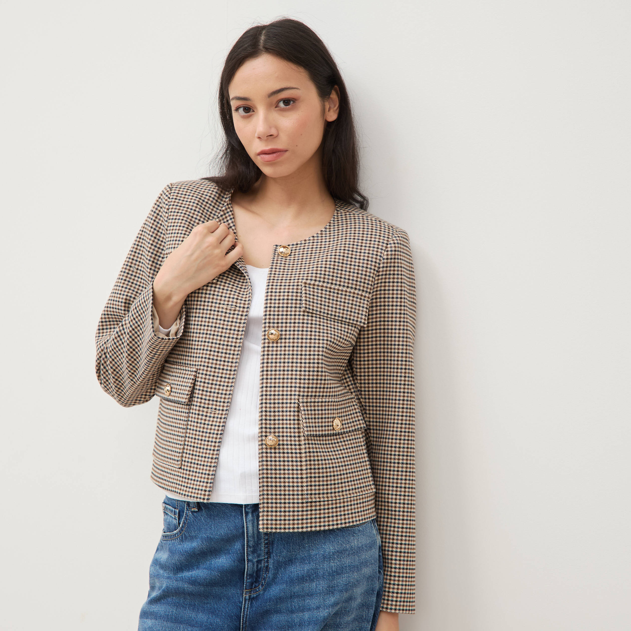 Veste &agrave; carreaux manches longues marron femme