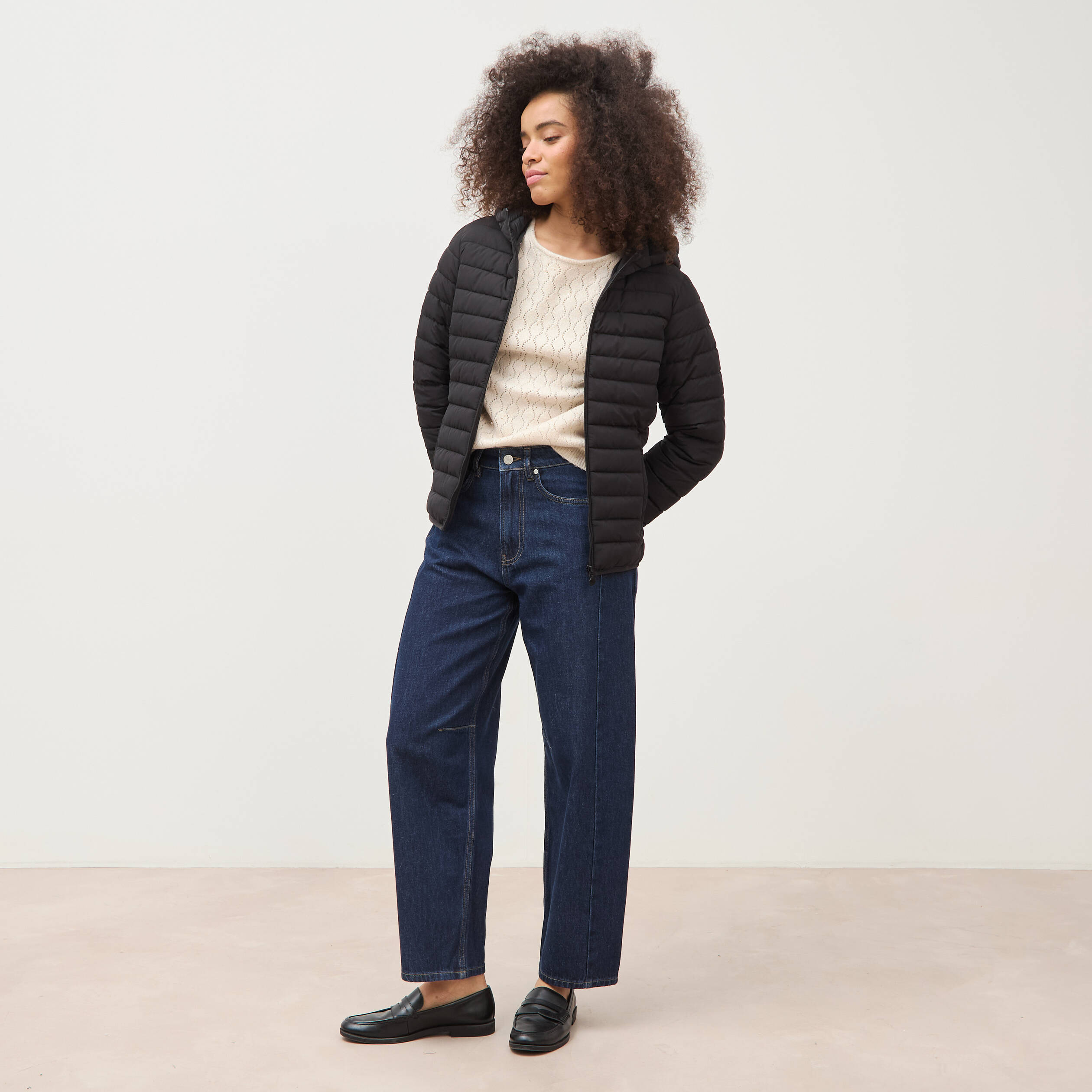 Jeans barrel taille haute broderie denim brut clean femme