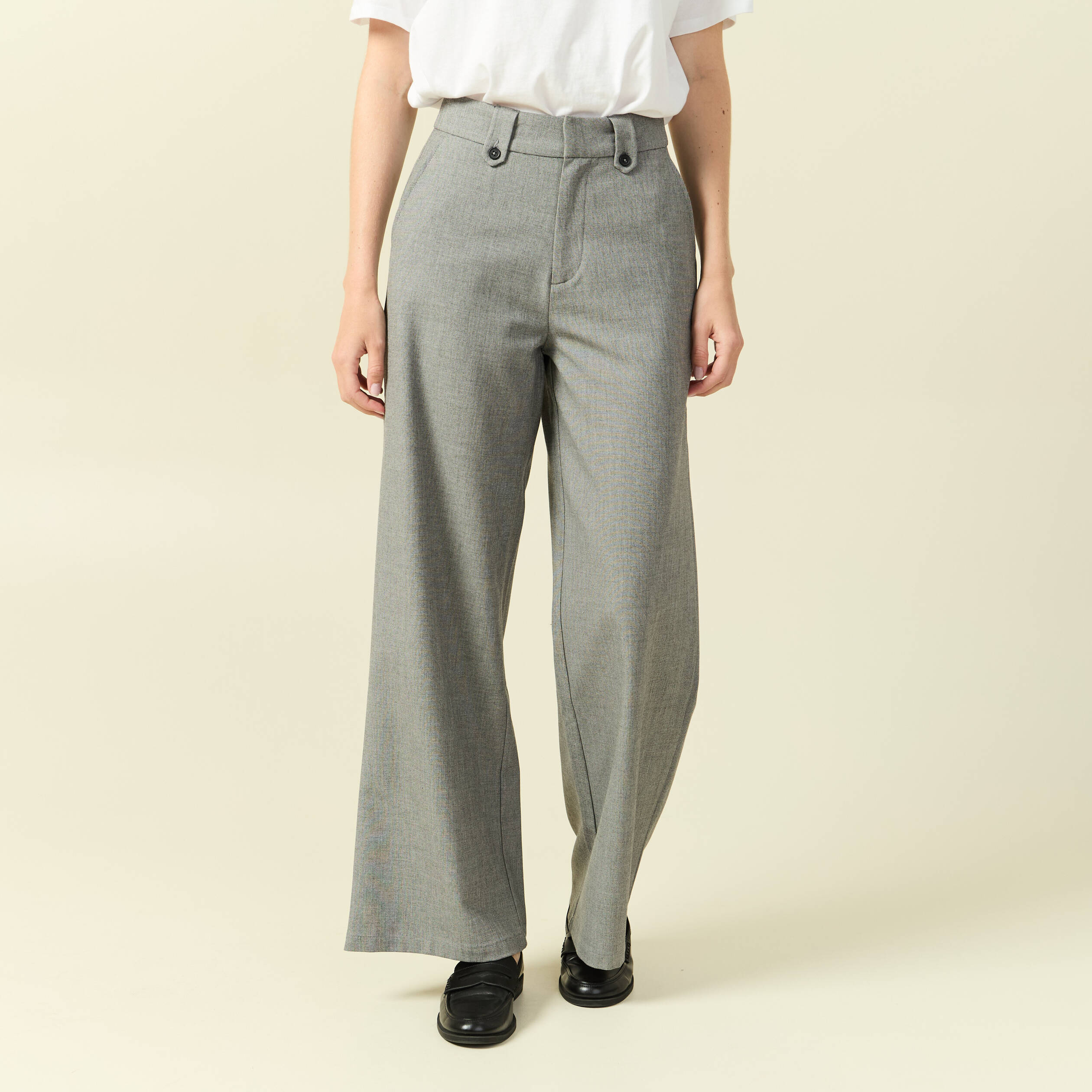 Pantalon large taille haute fluide gris femme