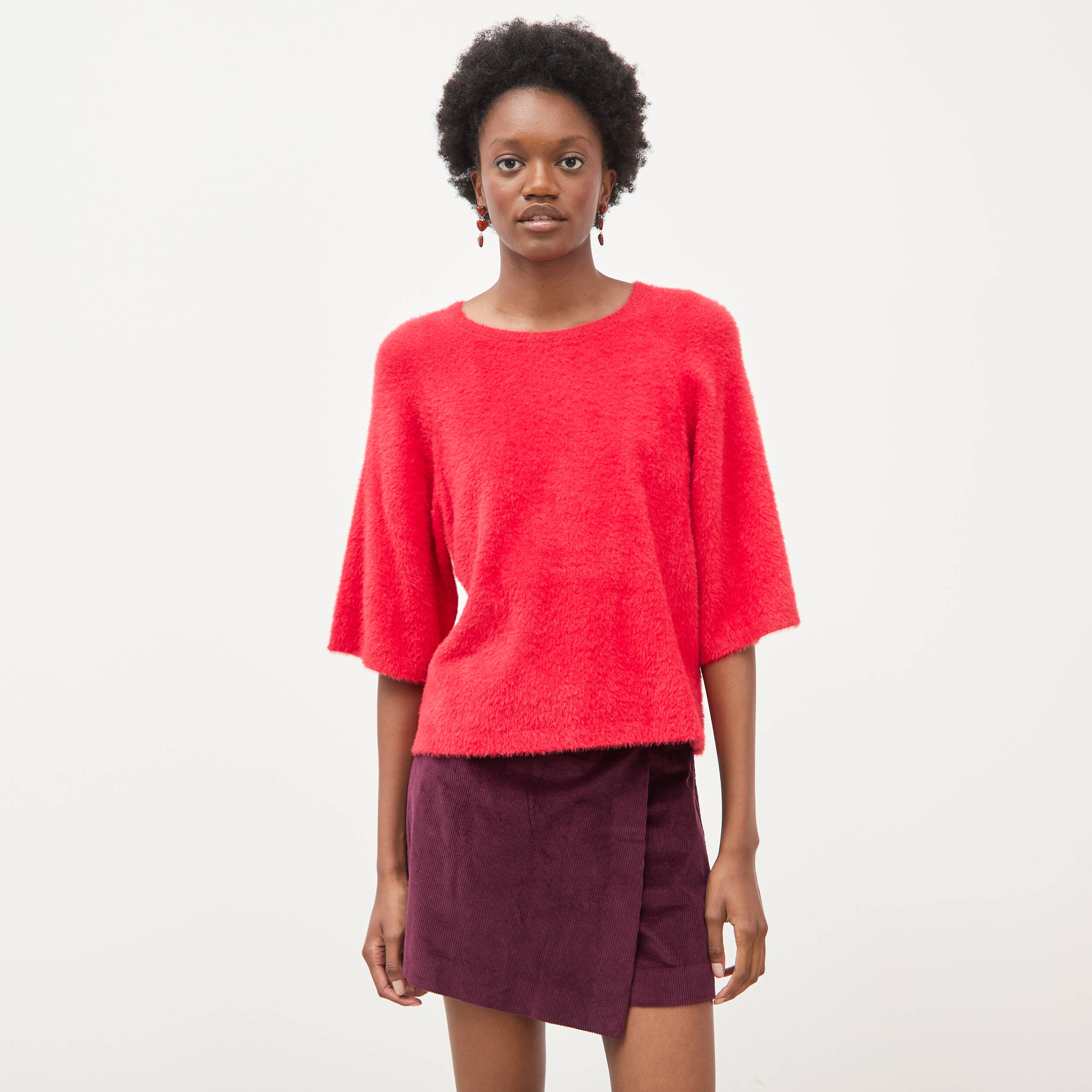 Pull droit manches 3/4 col rond rouge femme