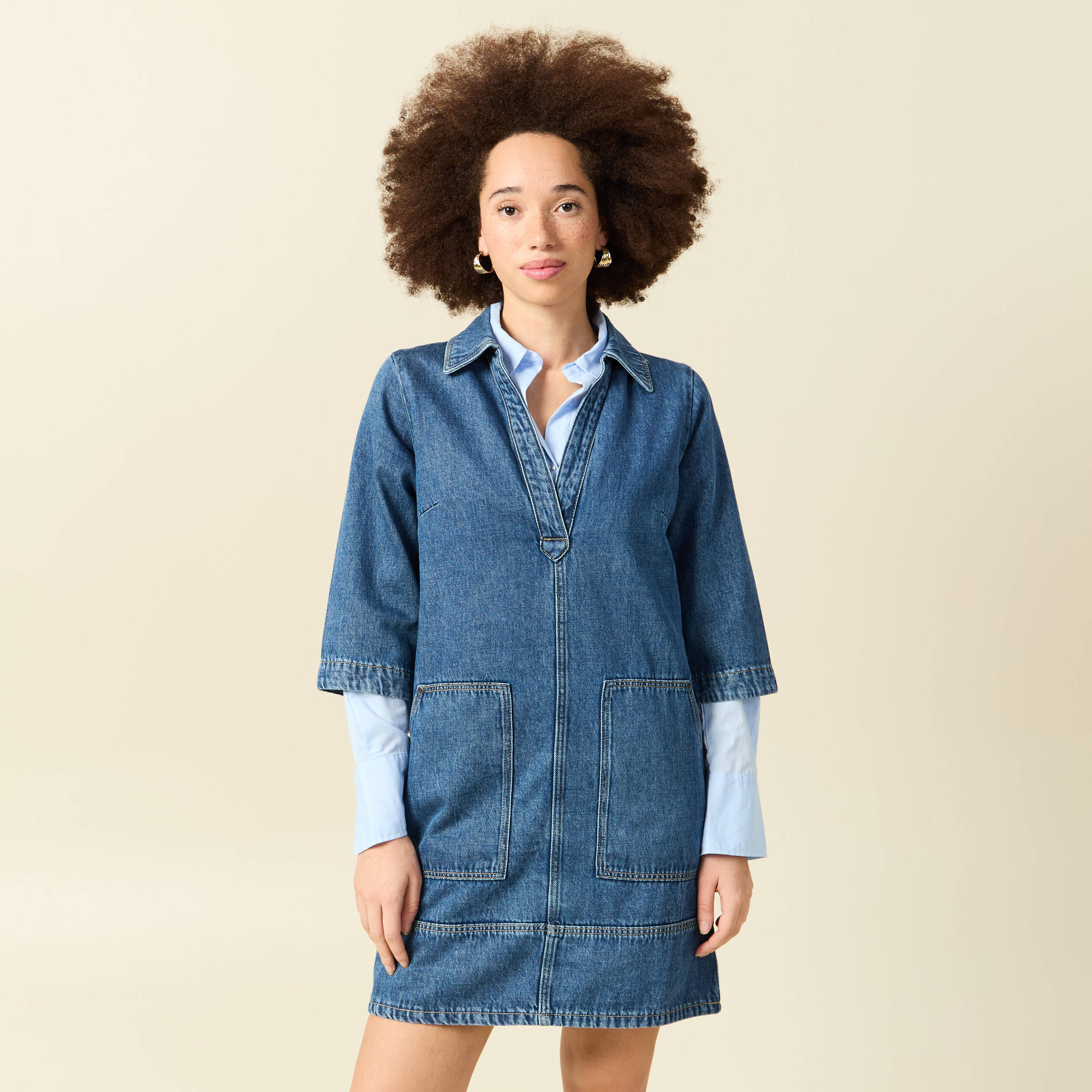 Robe droite courte en coton col v denim stone femme