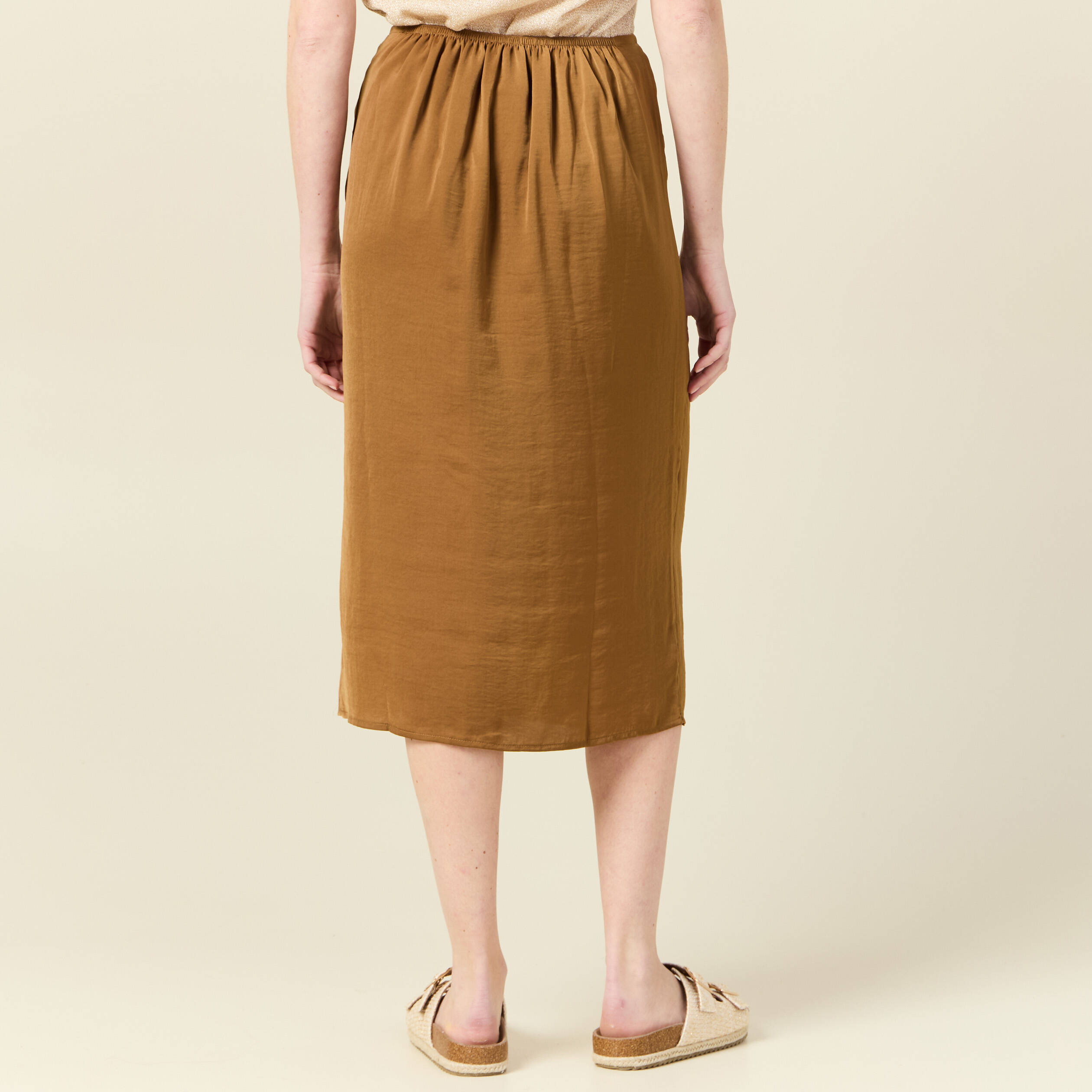 Jupe midi droite fendue marron femme