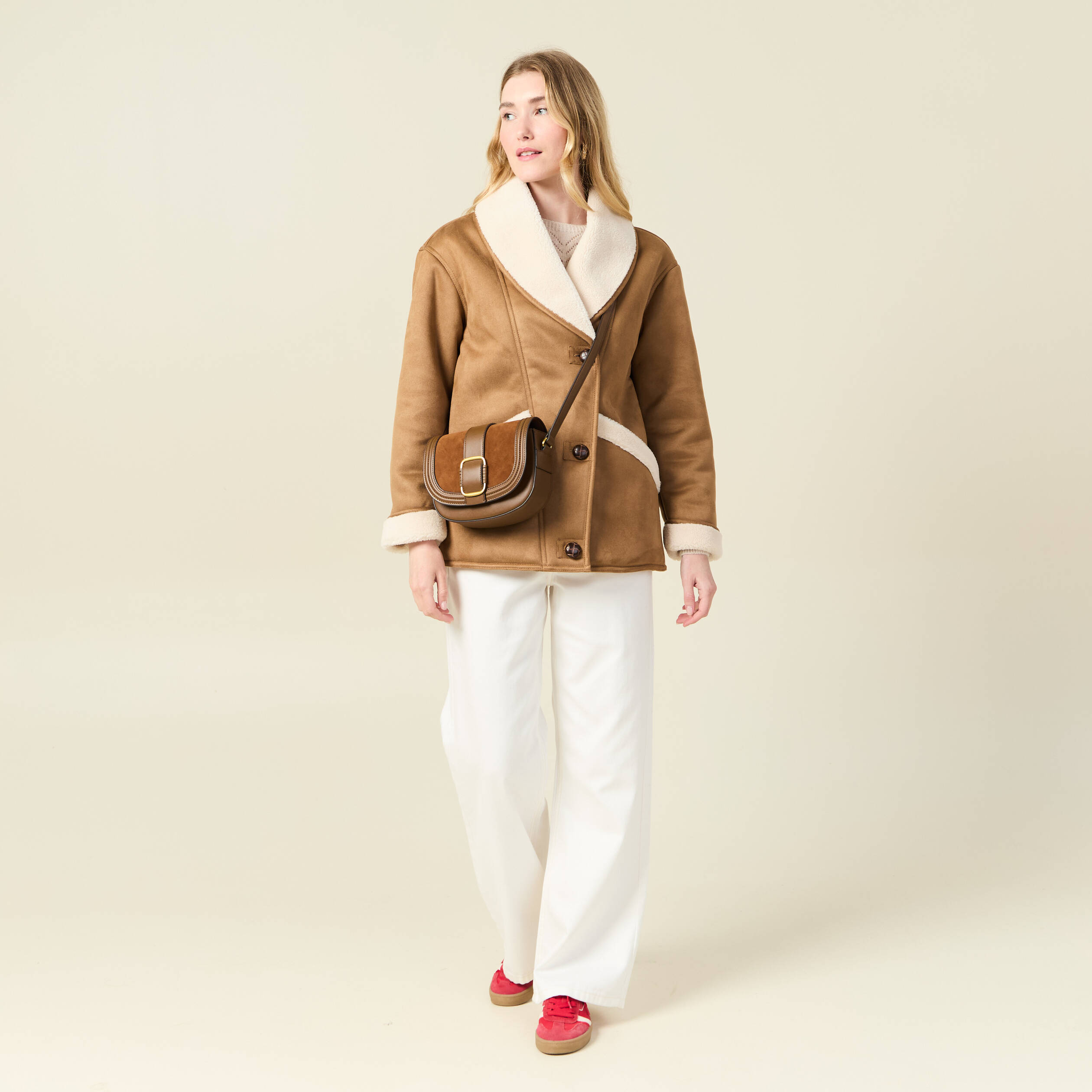 manteau suedine col chale marron femme Manteau suédine col châle marron femme