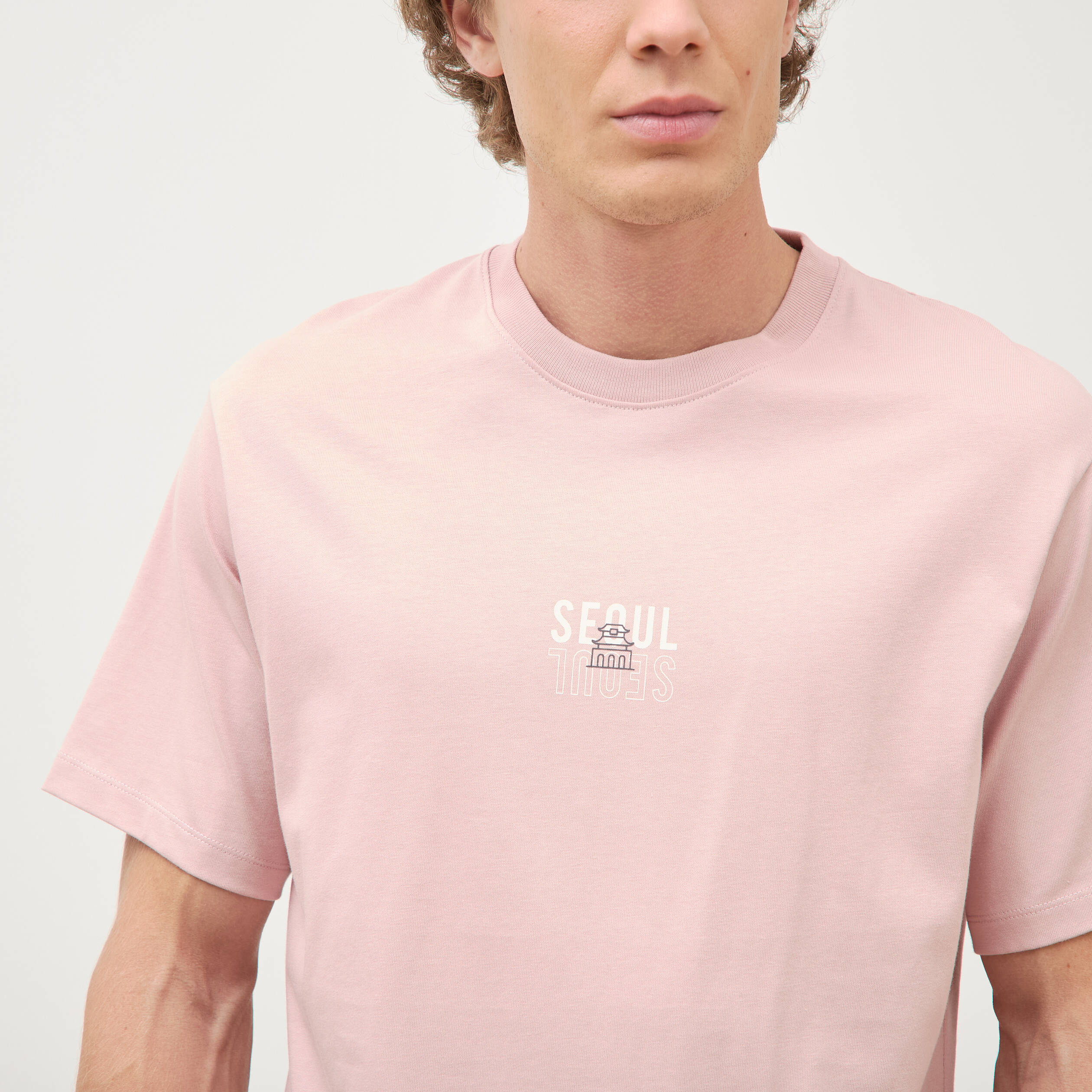 T-shirt droit en coton col ras du cou rose pastel homme